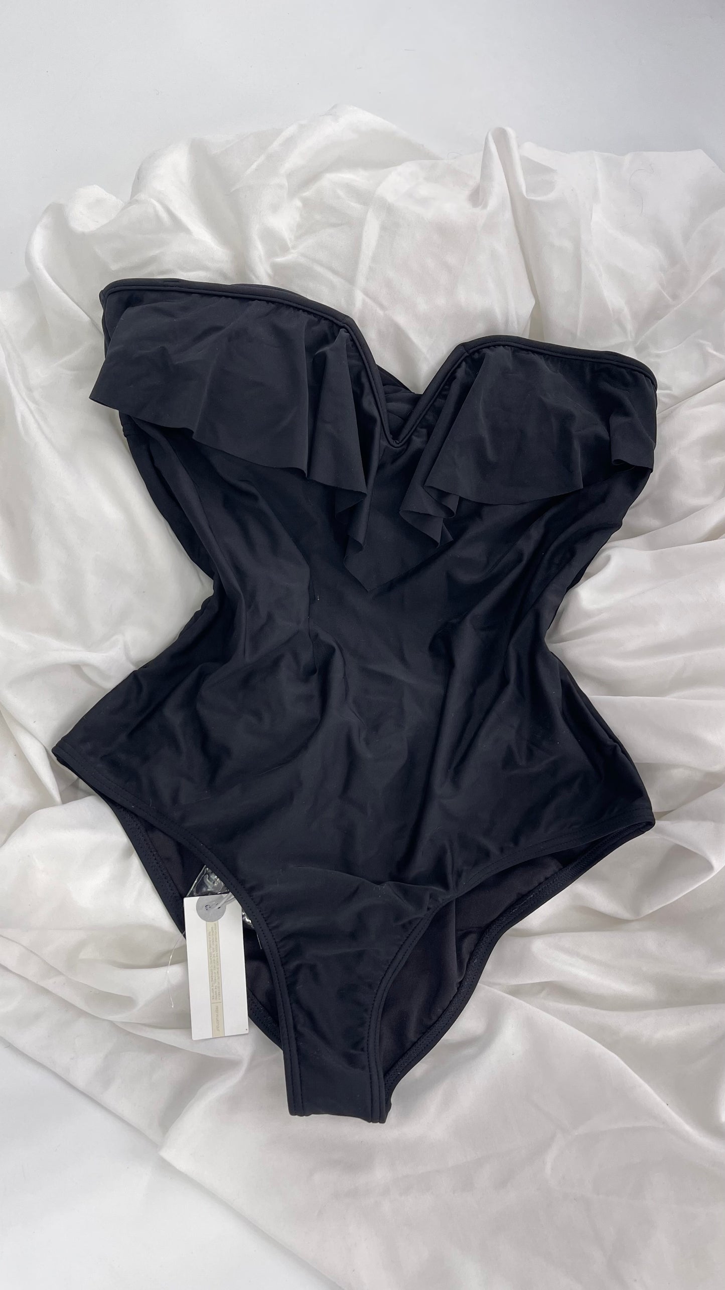 O’Neill Black Swimsuit with Built in Bra with Ruffled Bust, Open Back, Straps and Tags Attached (Large)