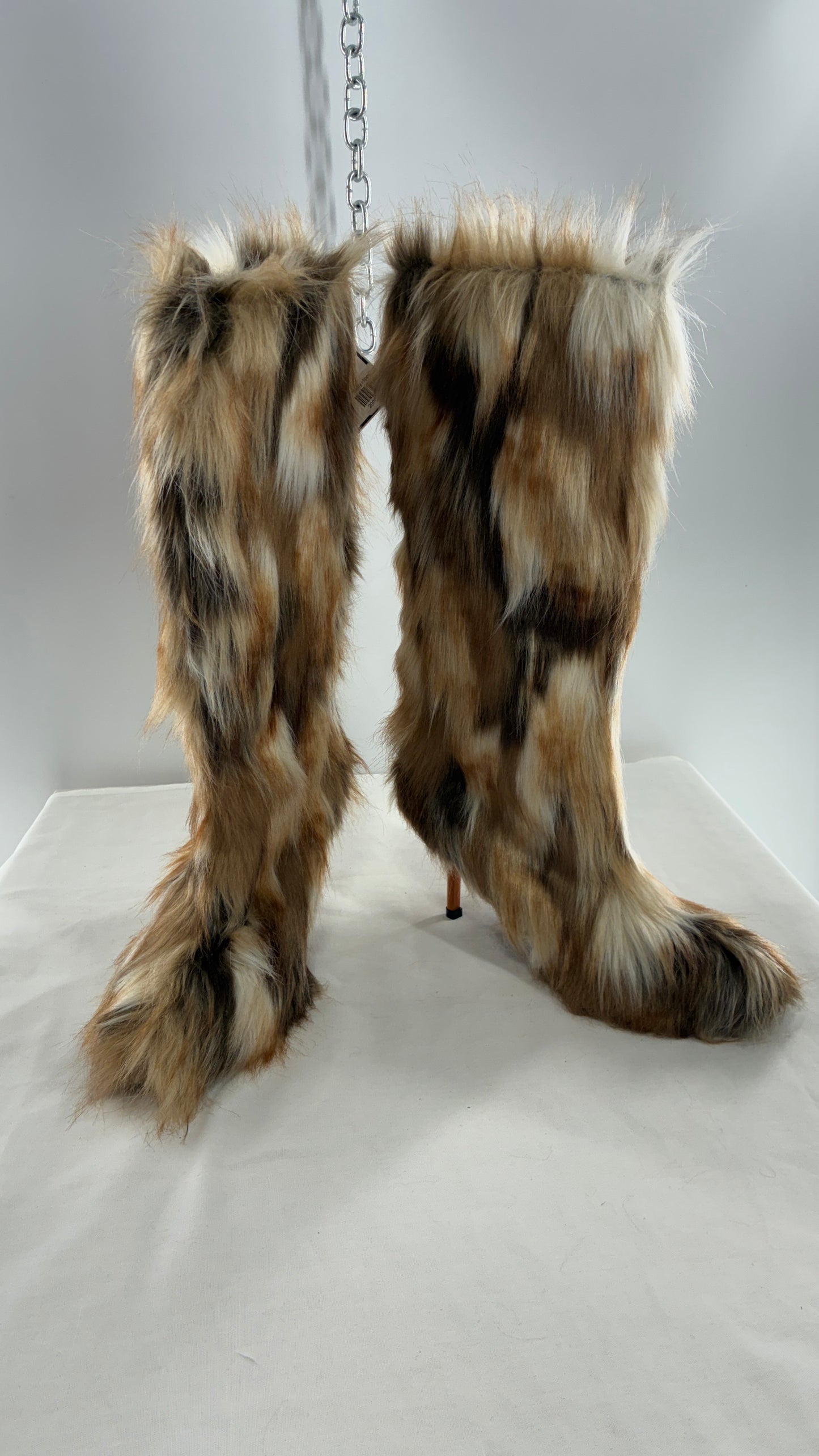 Vintage Mixed Tone Vegan Fur, Knee High, Pointed Toe Boots (43)