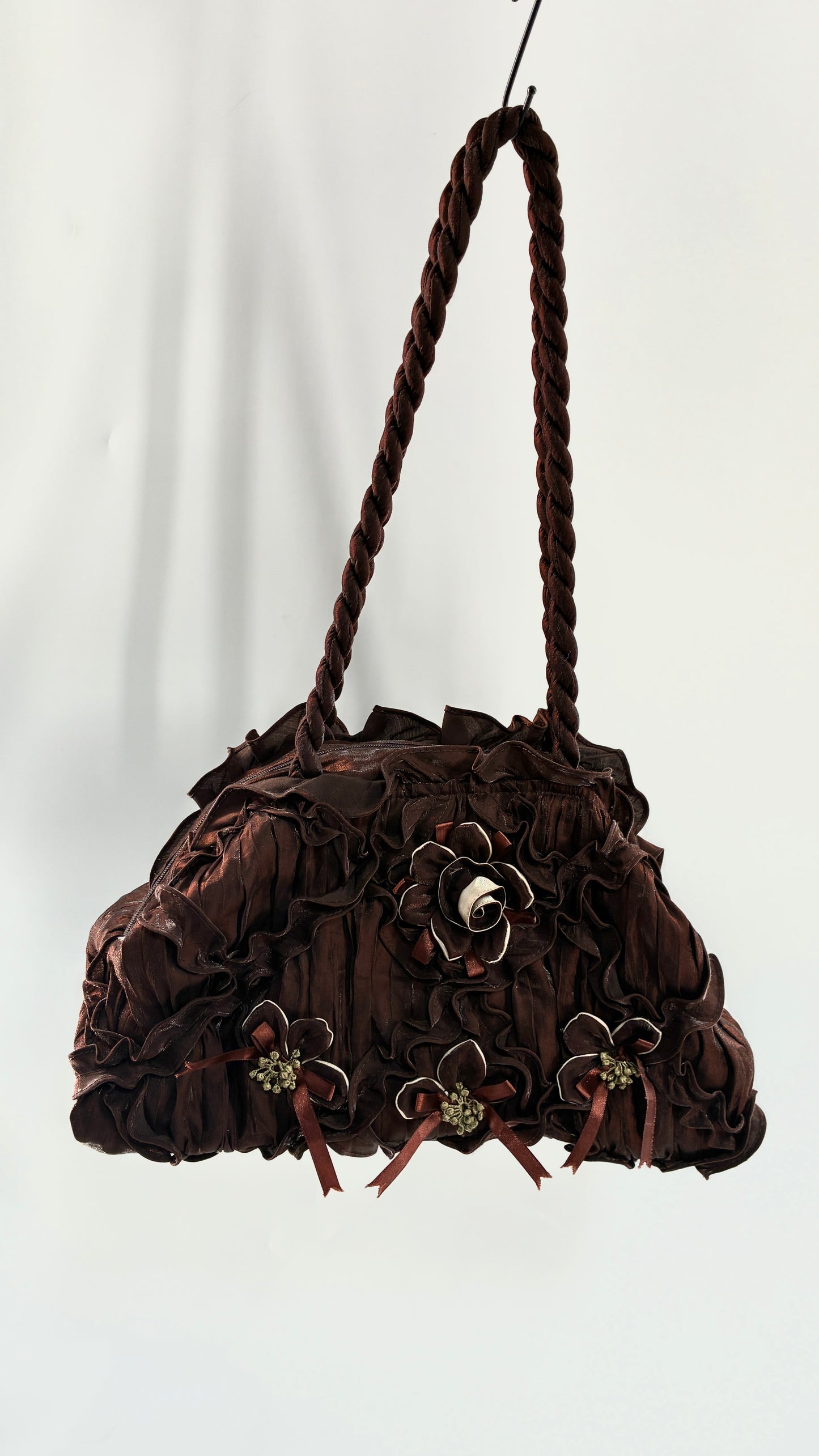 Vintage Oversized Brown Slouchy Purse with Embroidered Rosettes and Braided Strap