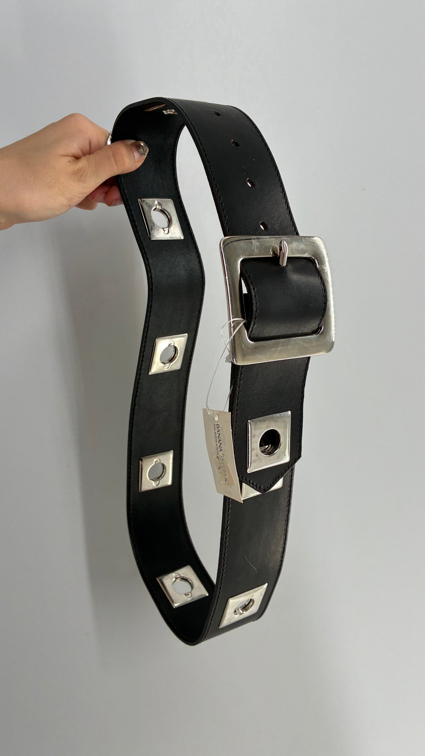 BANANA REPUBLIC Black Thick Leather Belt with Heavy Metal Details, Exaggerated Buckle, and Tags Attached (Small)