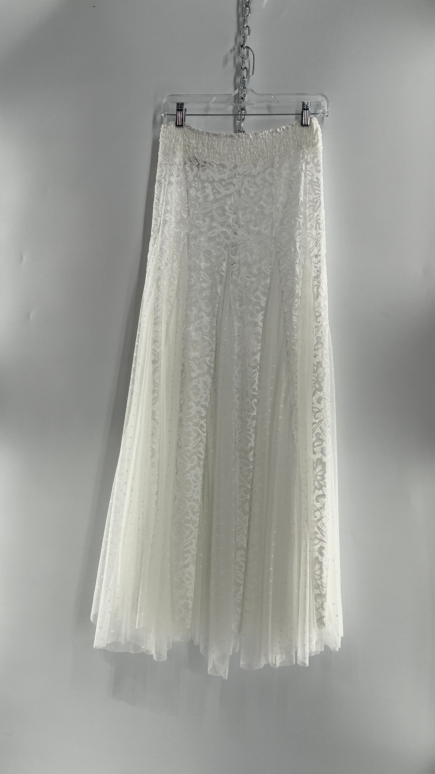 Intimately Free People White Lace and Polka Dot Mesh Voluminous Full Length Skirt (Medium)