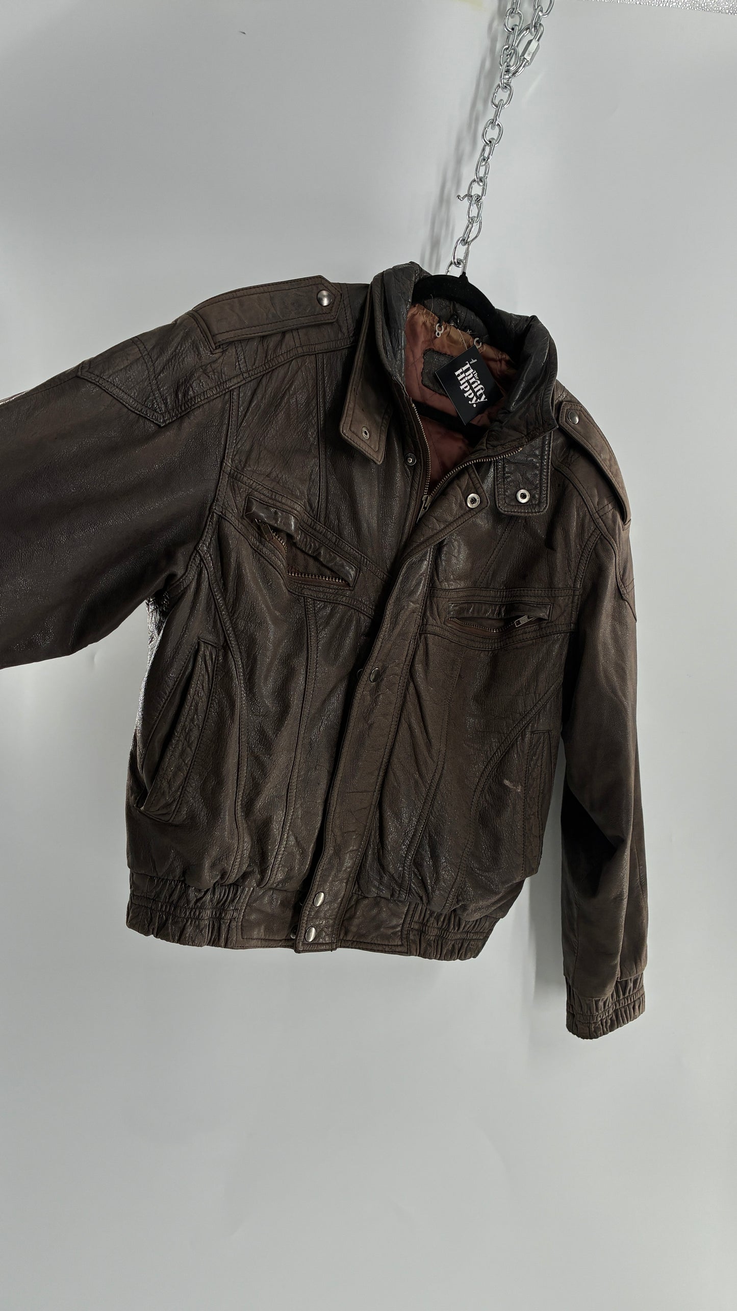 Vintage SAXONY Distressed Leather Bomber Jacket (Medium)