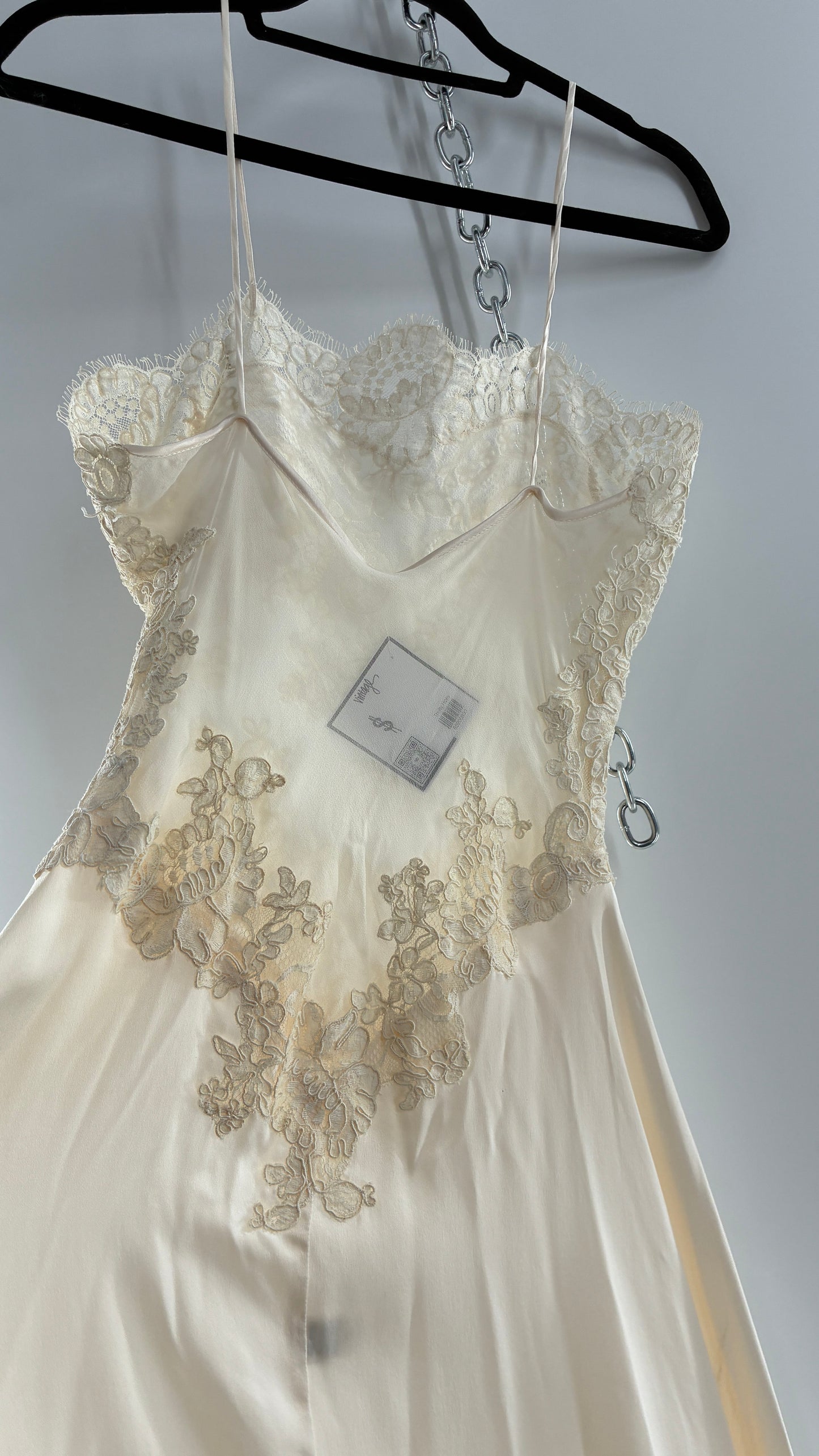 Vintage JONQUIL 100% Silk Gown with Heavy Lace Appliqués and Low Cut Sheer Back (Medium)