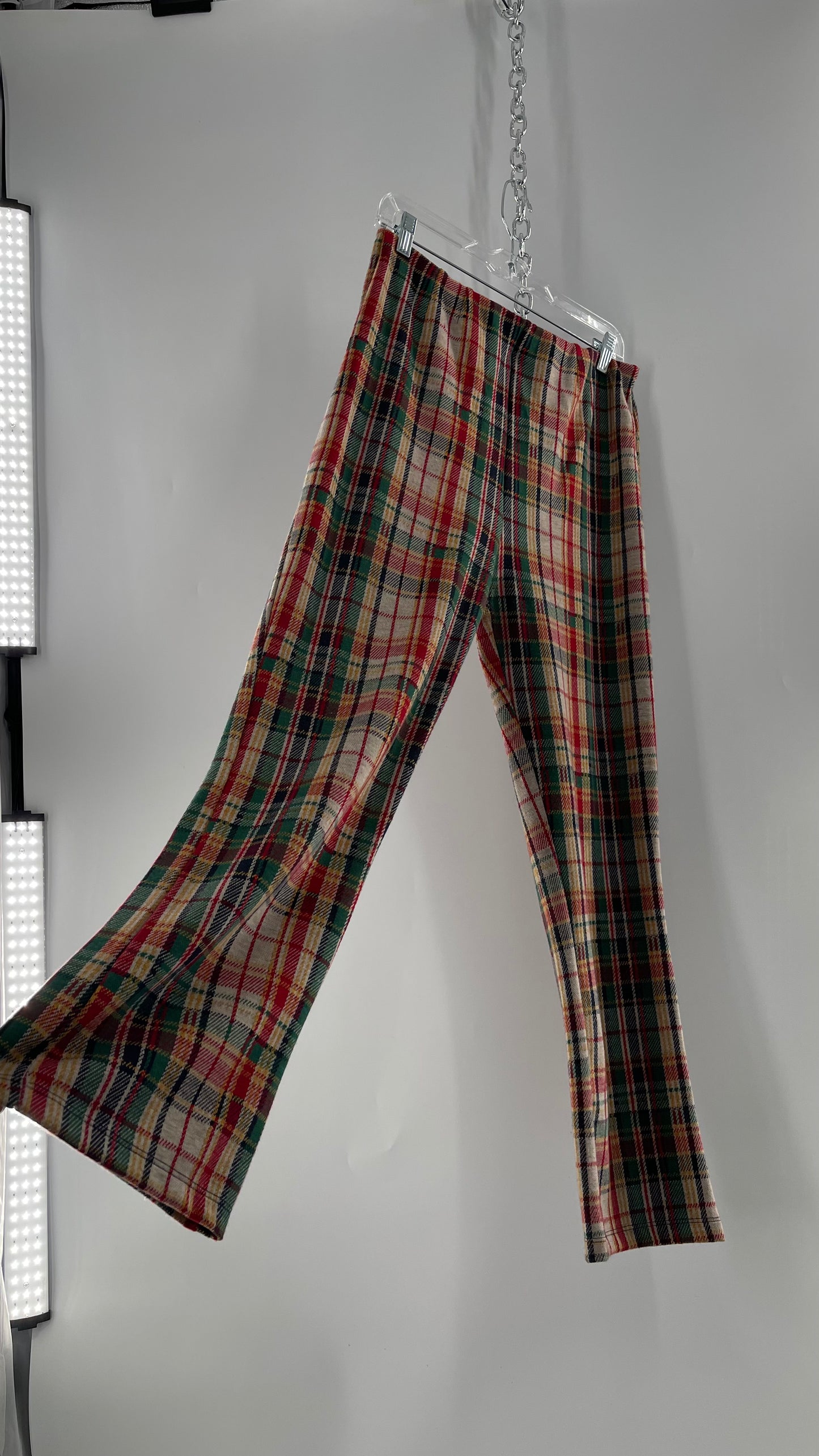 Free People Red\Green Plaid Knit Straight Leg Pants with Elastic Waist ( L)