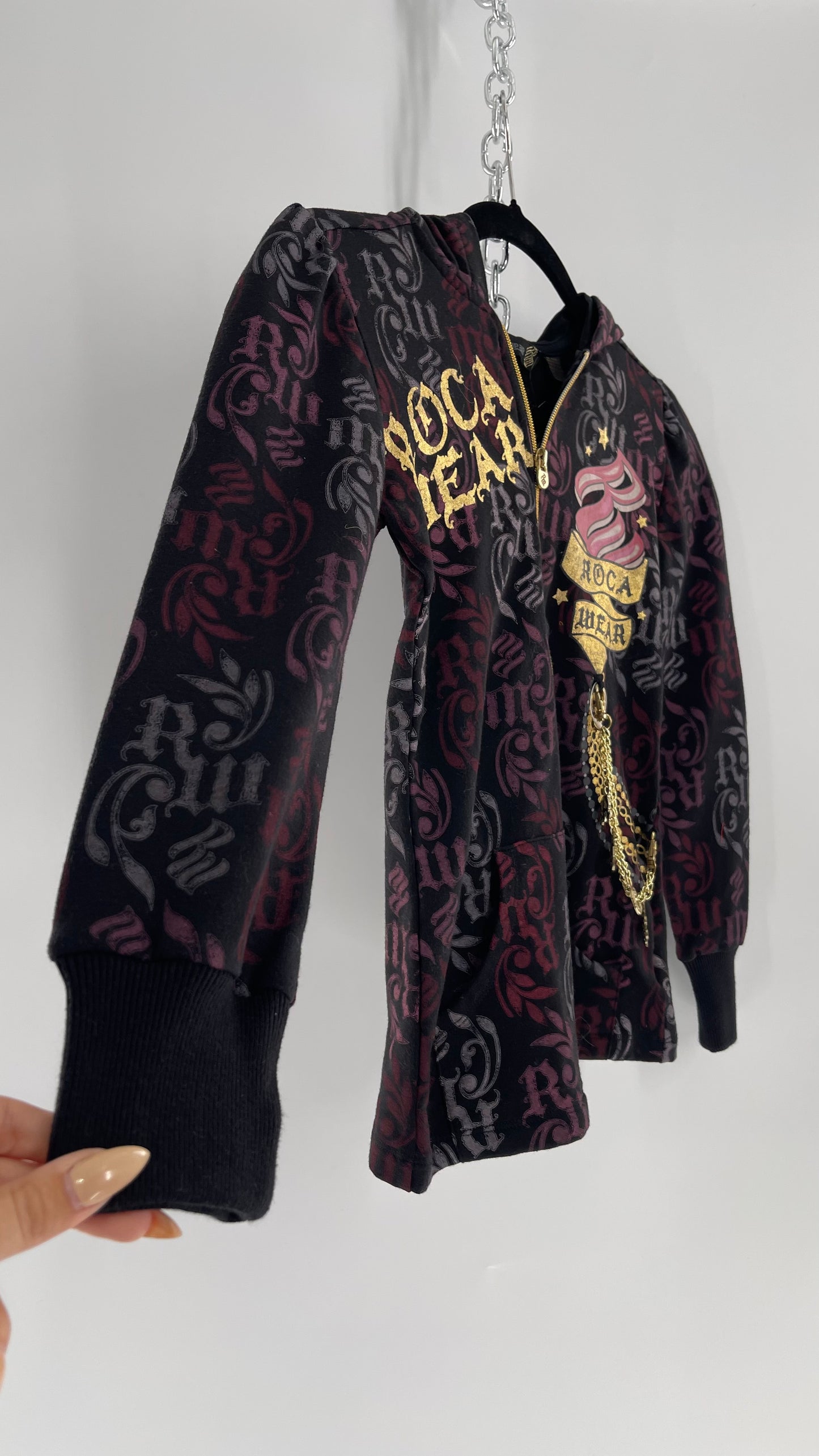 Vintage All Over Rocawear Logo Zip Up Hoodie with Gold Charm Chain and Silky Hood (XS/S)