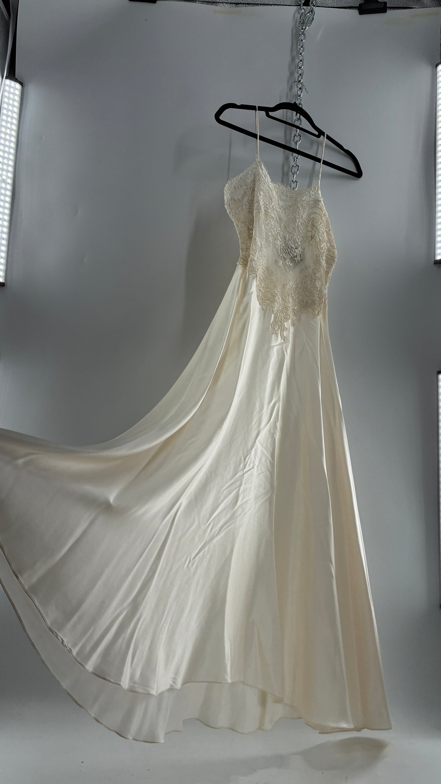 Vintage JONQUIL 100% Silk Gown with Heavy Lace Appliqués and Low Cut Sheer Back (Medium)