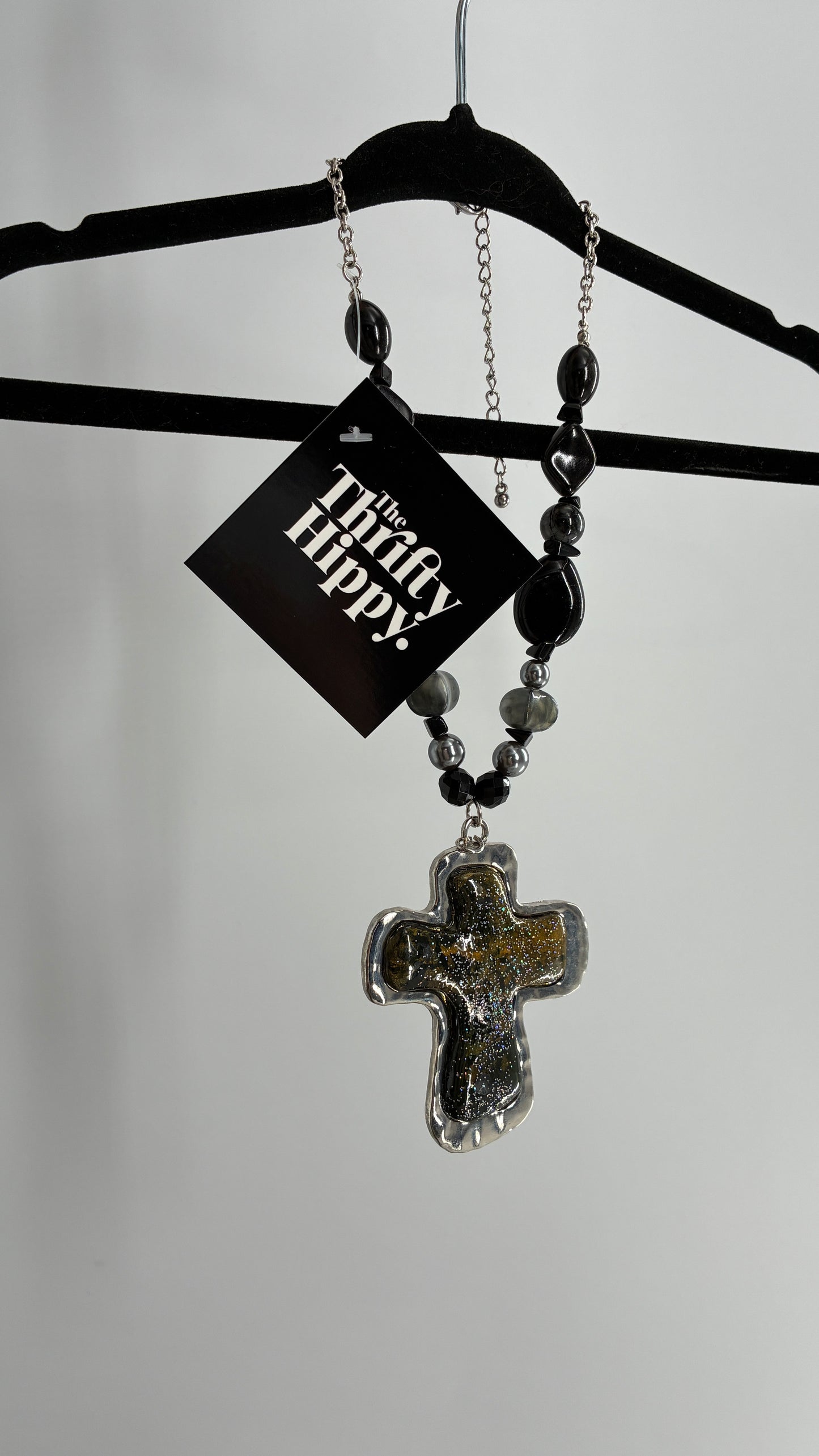 Vintage 1990s Beaded Black Necklace with Iridescent Glitter Cross