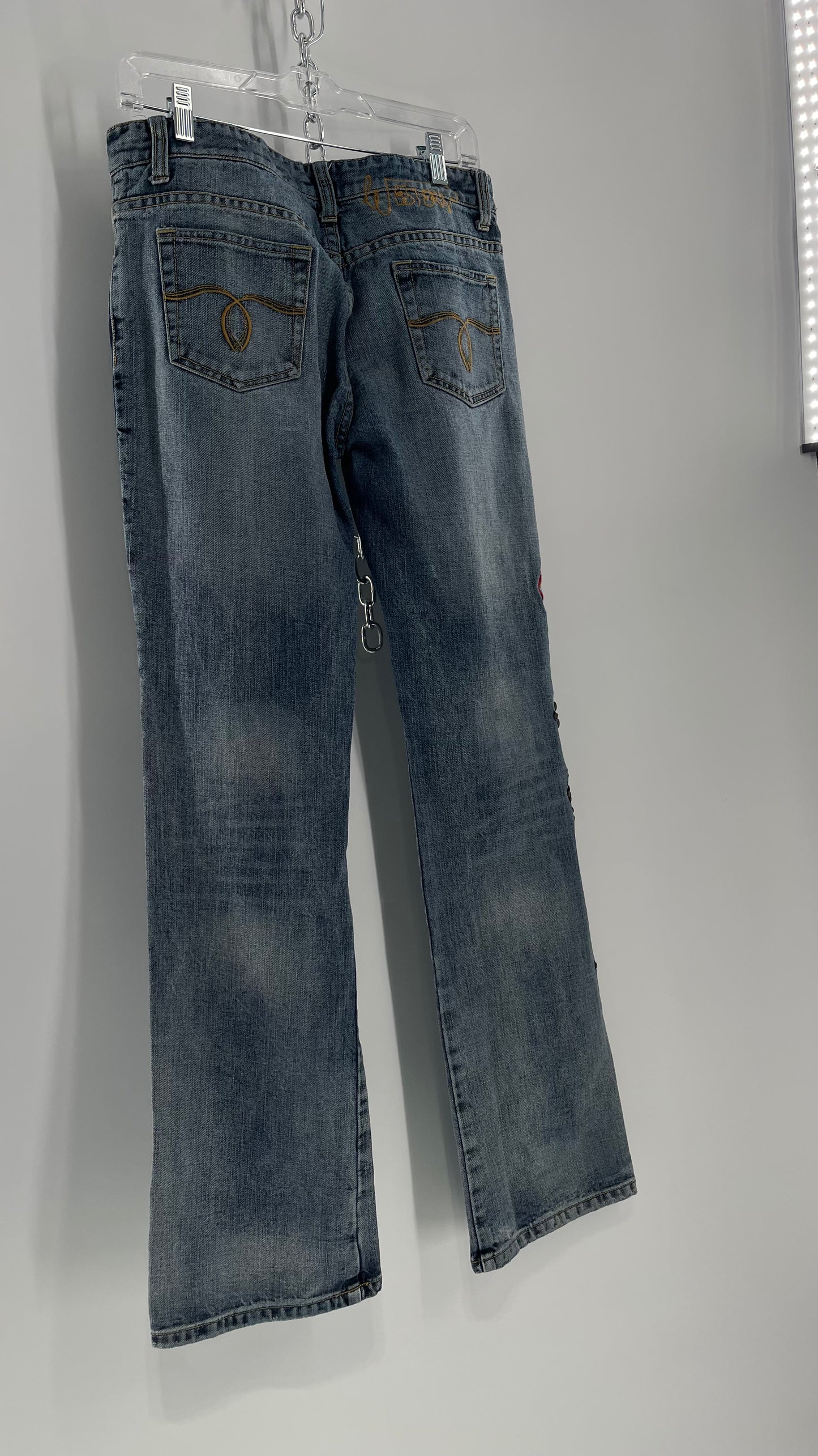 Western Denim Bank Light Wash Straight Legs with Gold/Bronze Metal Studs and Jewels (29)