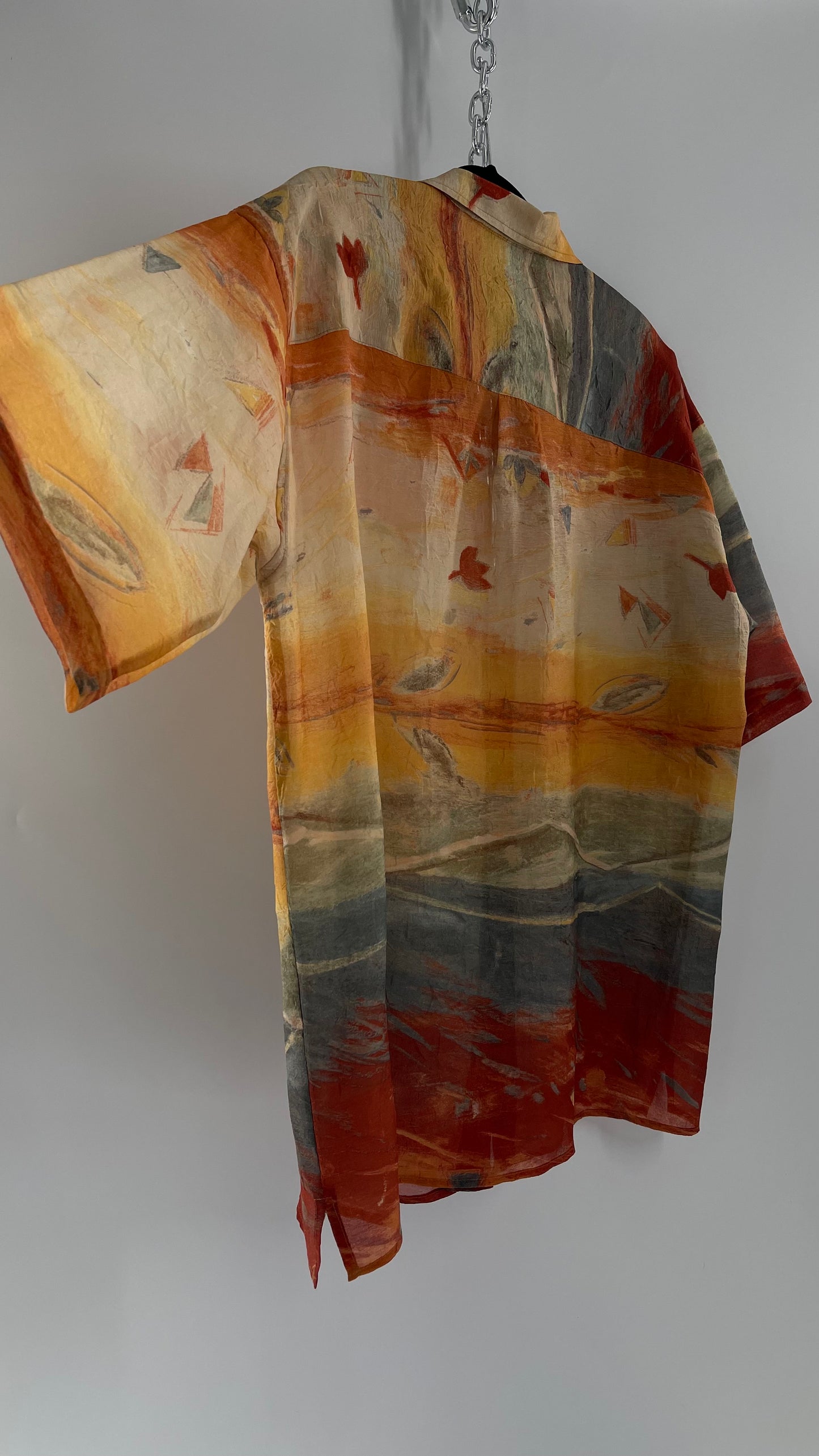 Vintage Pardazzio Uomo Sheer Crimped Abstract Fall Short Sleeve Button Up (Medium)
