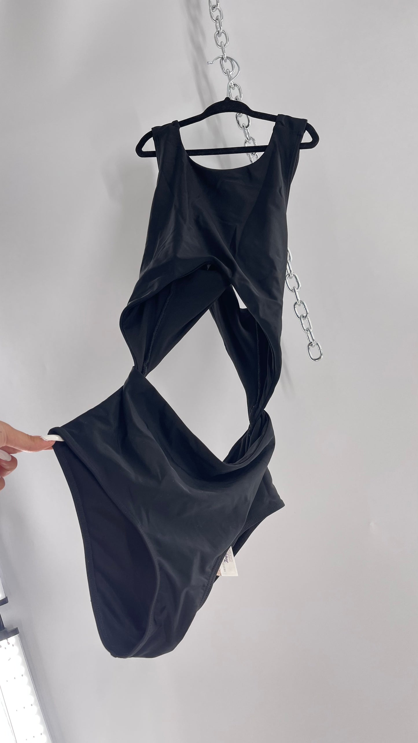 Lolli Swim Black Swimsuit with High Neck, Cross Over Back and Cut Outs (Medium)