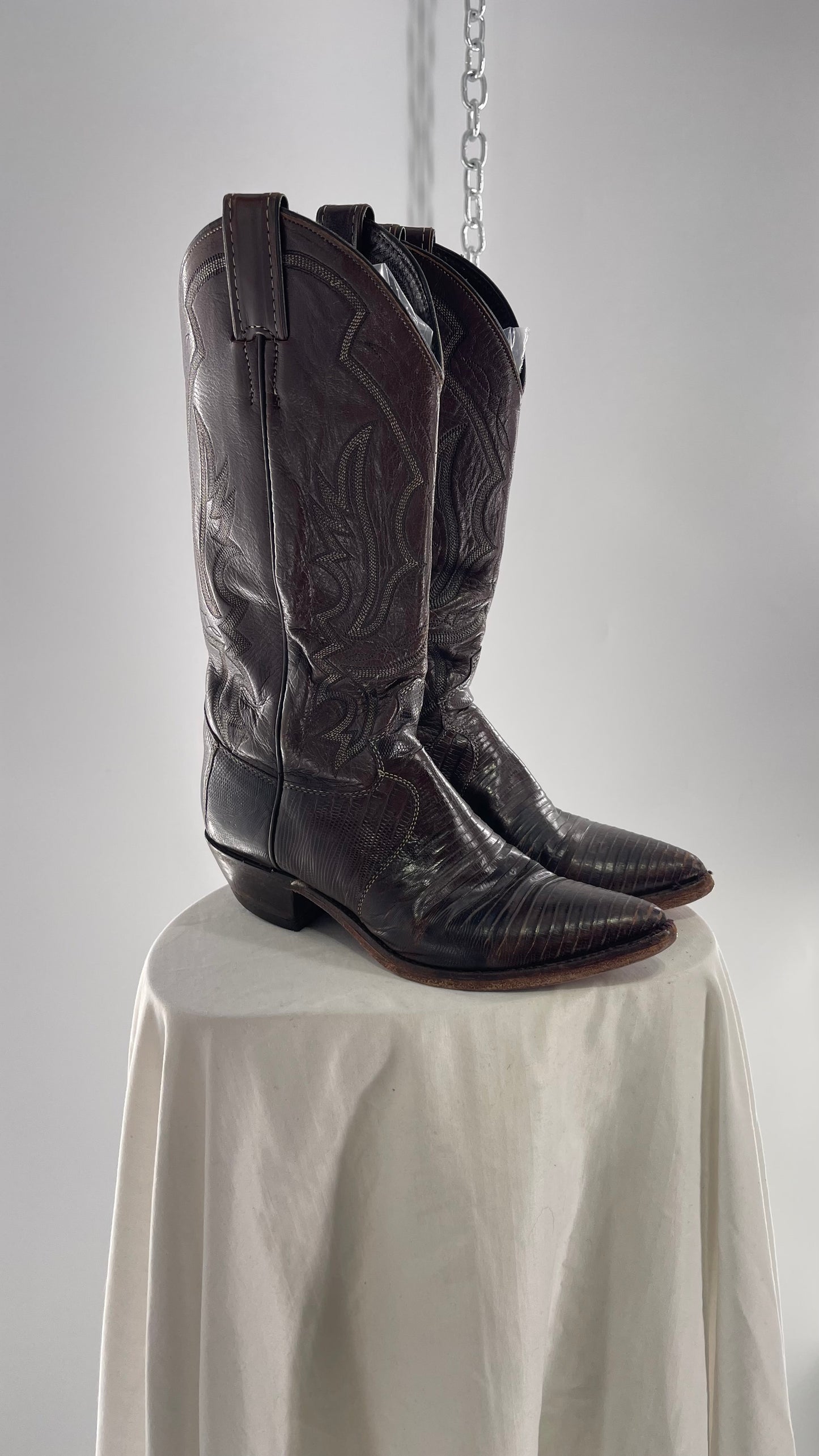 Vintage JUSTIN Dark Brown Leather/Lizard Pointed Toe Cowboy Boots Worn In (7.5)