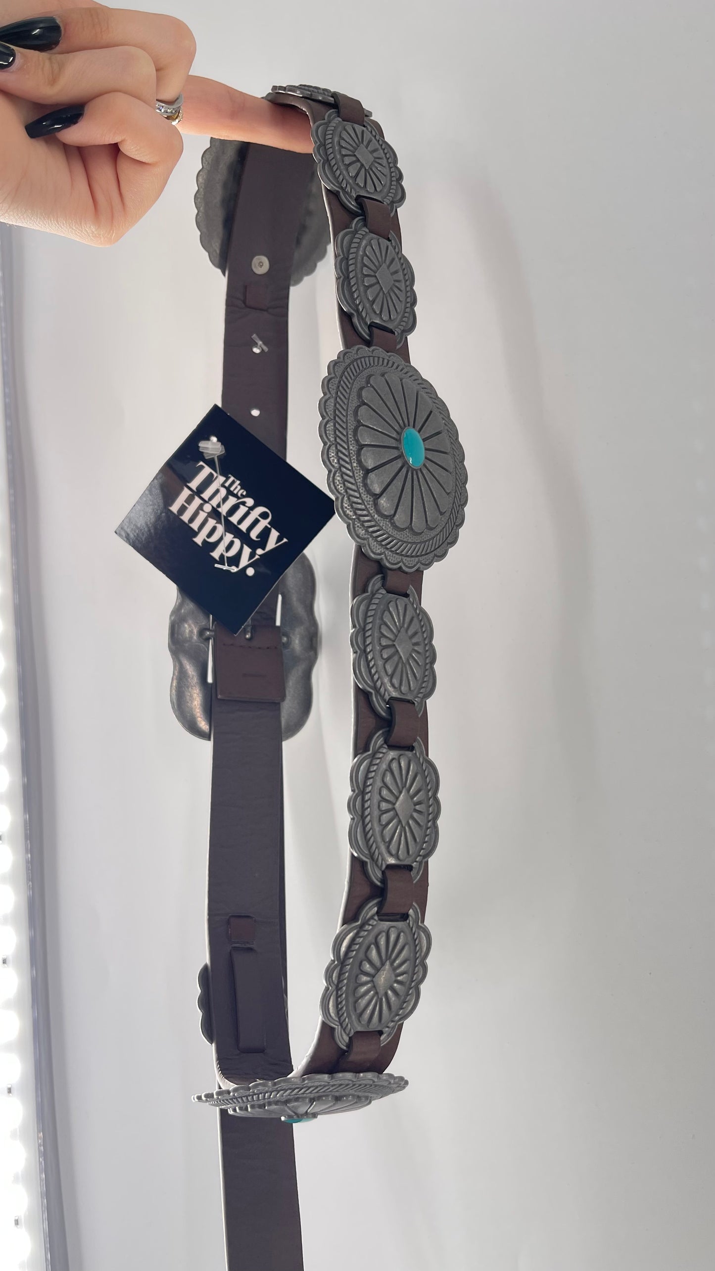 Free People Brown Leather Belt with Heavy Duty Metal Engraved (Small)