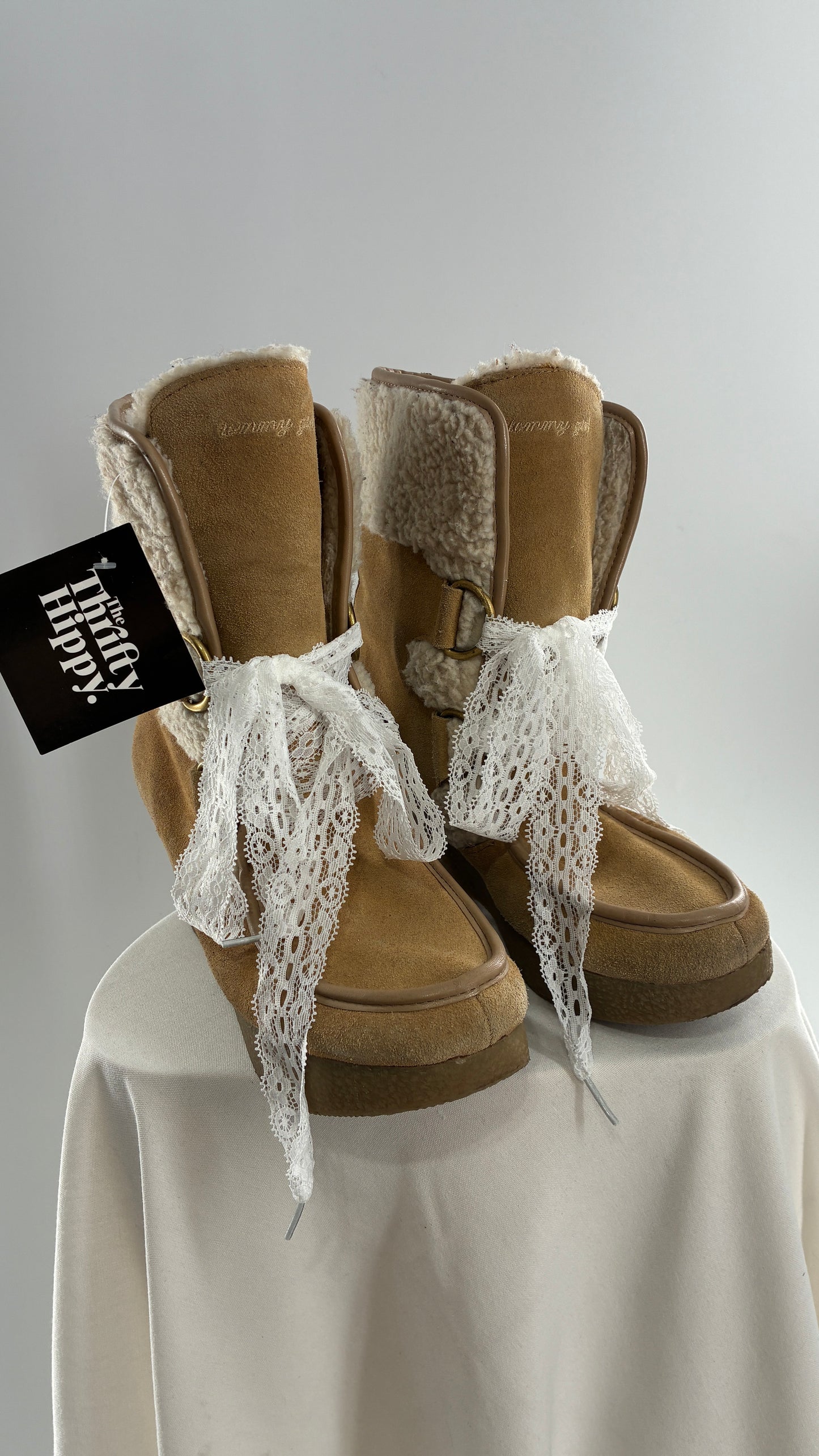 Vintage TOMMY GIRL Suede Leather Wedge Heels with Sherpa Details and Lace Trim Laces (8)