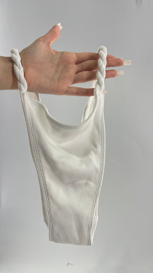 Urban Outfitters Out From Under White Ribbed High Waisted Cheeky Swim Bottoms with Braided Straps (Medium)