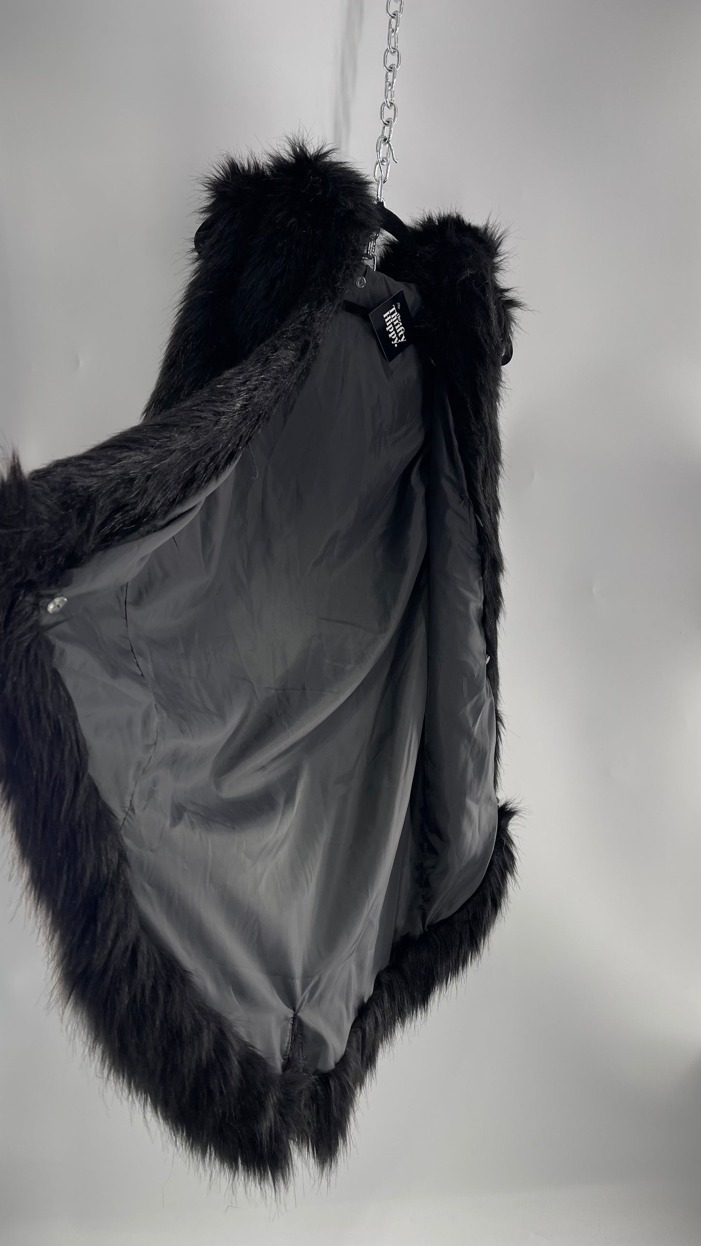 Full Length Black Fuzzy Sleeveless Vest with Oversized Hood (Medium)