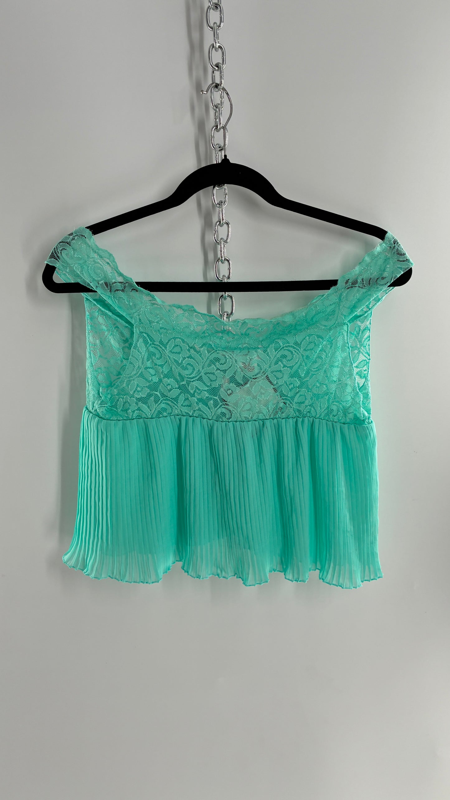 DREAMGIRL Vintage 1990s Teal Wide Neck Babydoll Camisole with Baby Pink Bow (Medium)