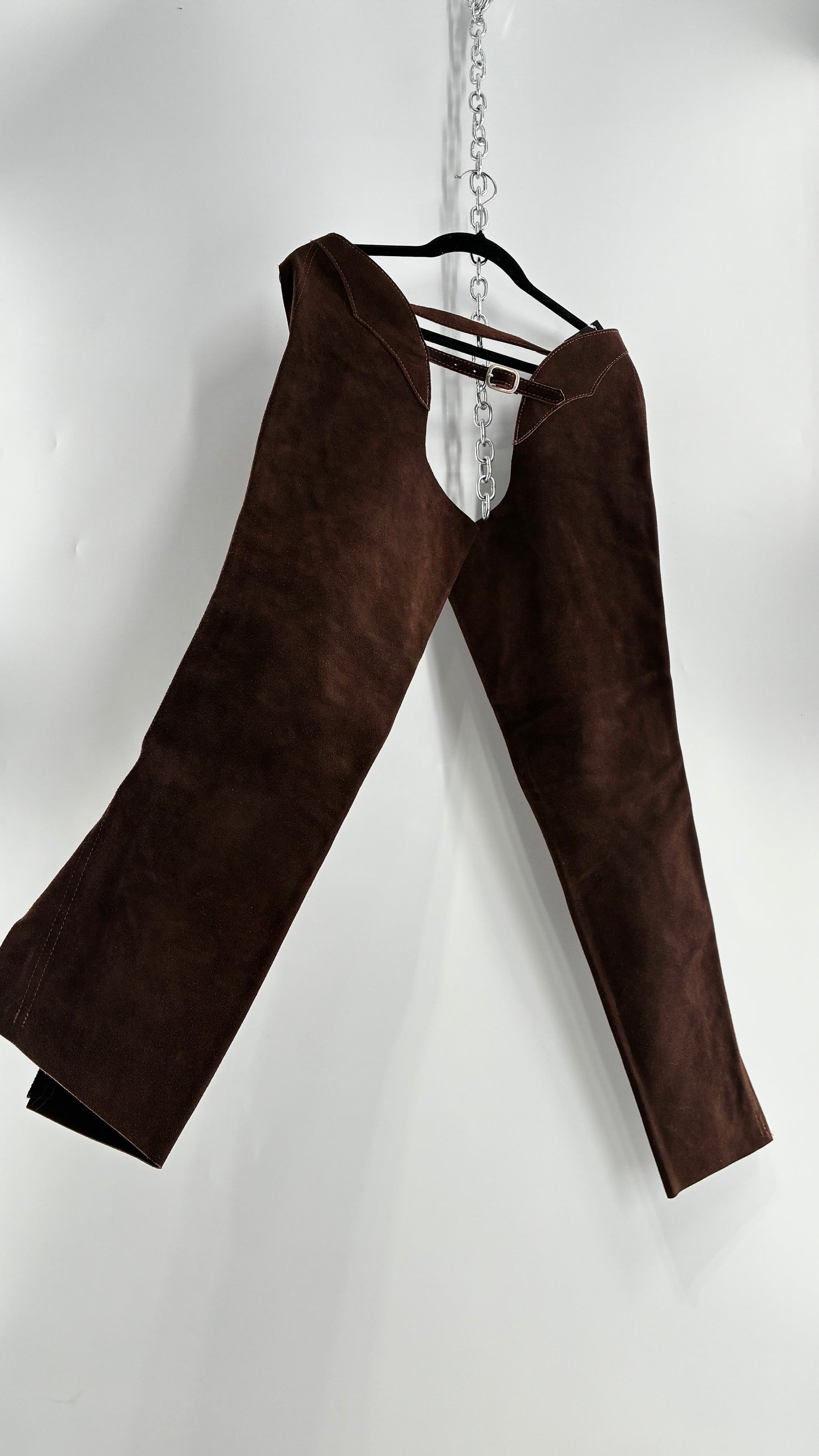Vintage Chocolate Brown Genuine Suede Leather Chaps with Heavy Duty Side Zipper Detail (XS)