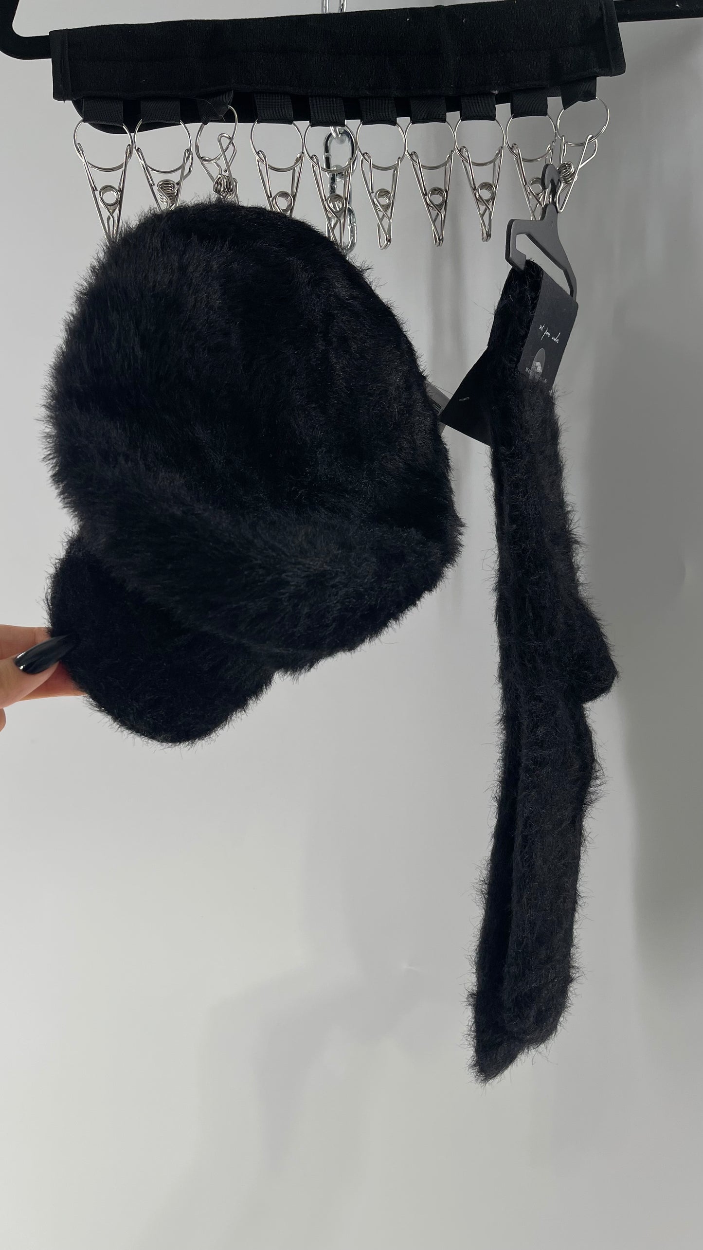 Urban Outfitters Black Fuzzy Newsboy Cap and Knee High Sock Set
