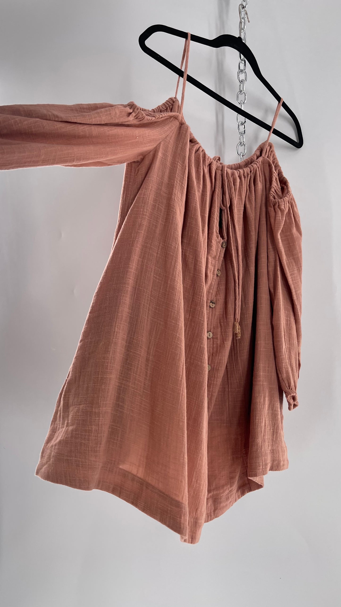 Free People Cotton Blush Pink Button Front Cold Shoulder Dress (Medium)