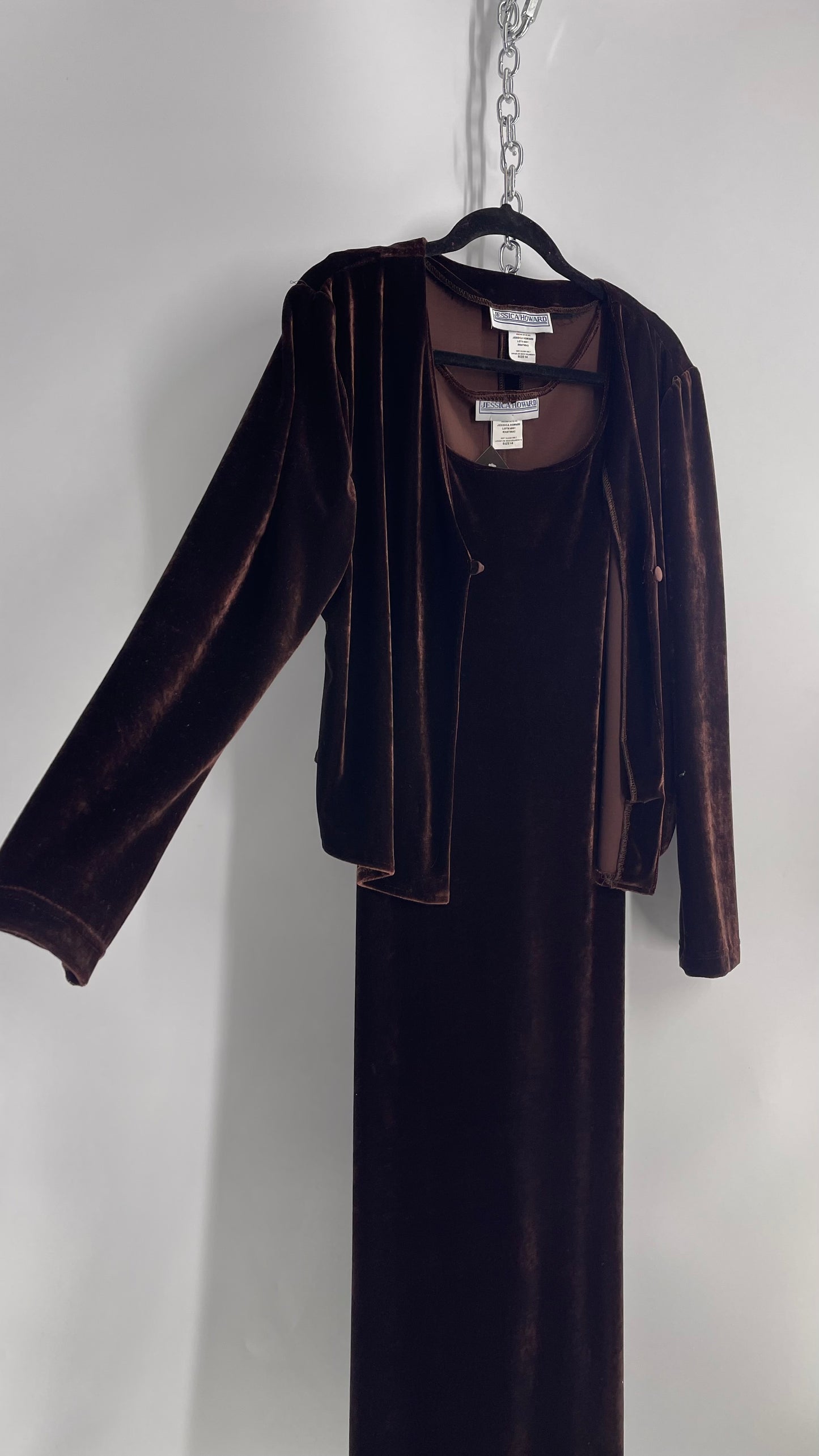Vintage 1990s Jessica Howard Brown Velvet Sleeveless Dress and Cardigan (14)