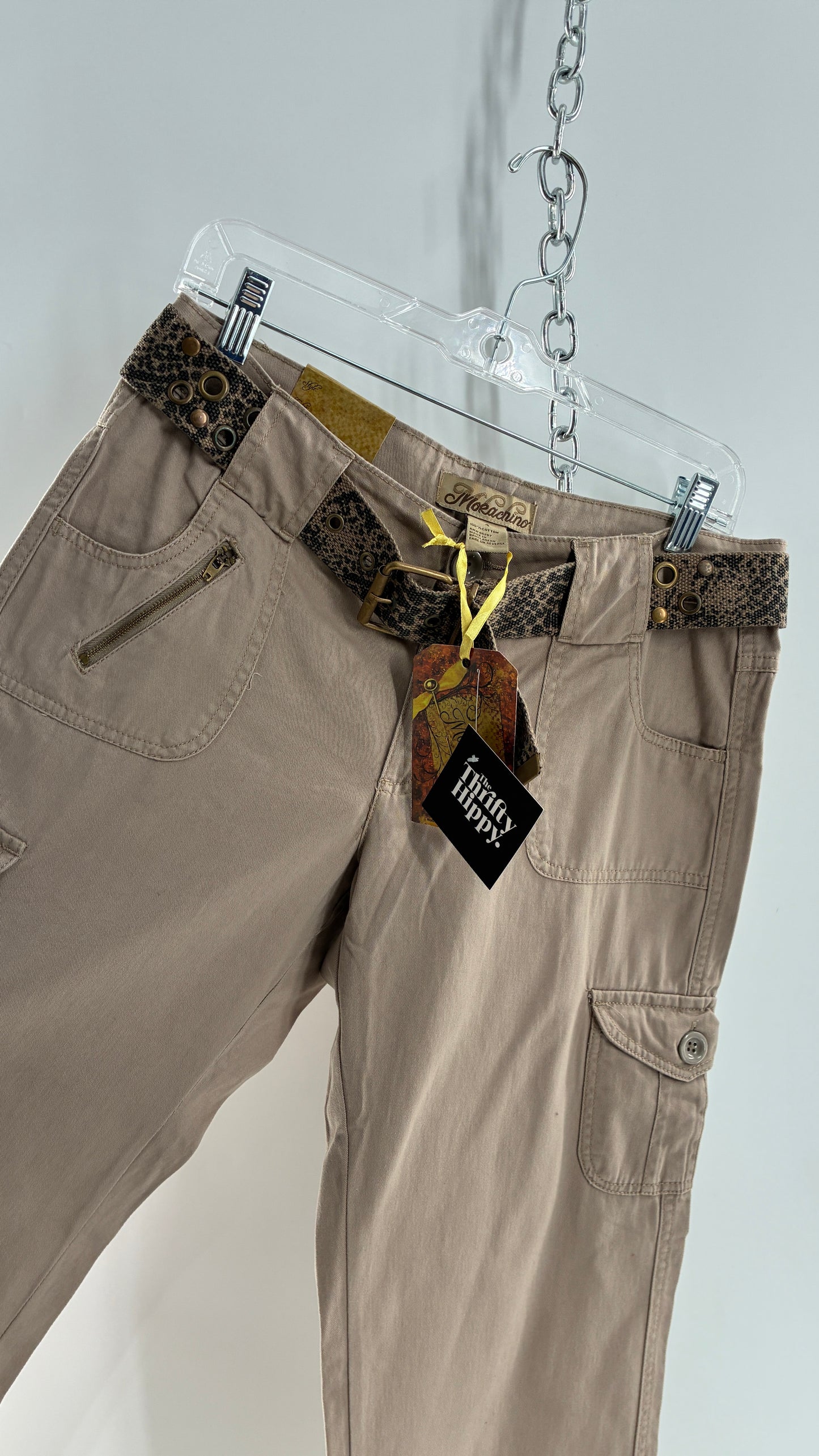 Deadstock Vintage MOKACHINO Tan Low Rise Cargos with Grommet Belt and Zipper Details (4,10)