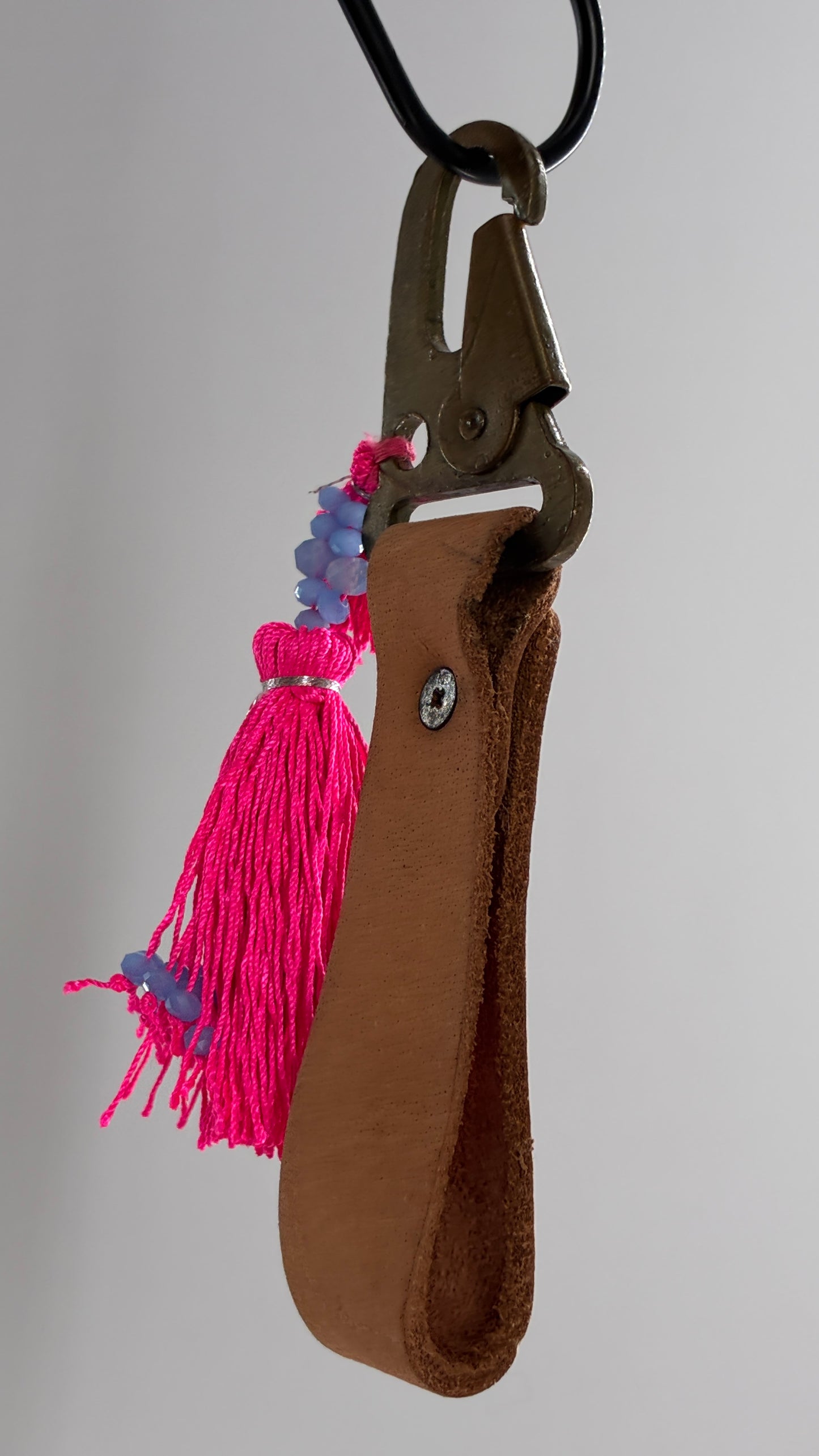 Free People Leather Wristlet Keychain with Neon Pink Beaded Tassel