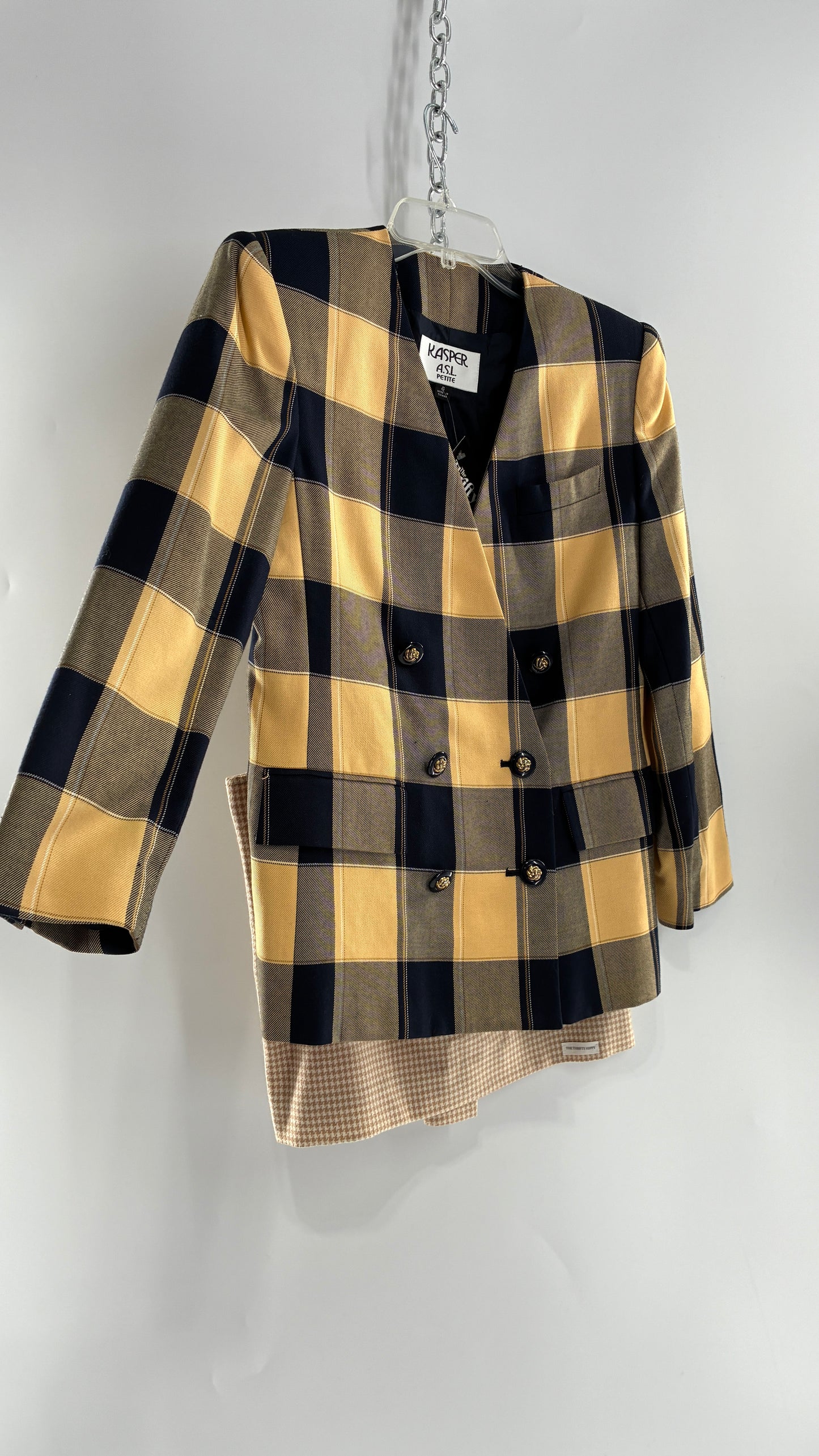Vintage Suit Set with Yellow Plaid Double Breasted KASPER A.S.L Blazer and Upcycled Wool Mini Skirt (6)