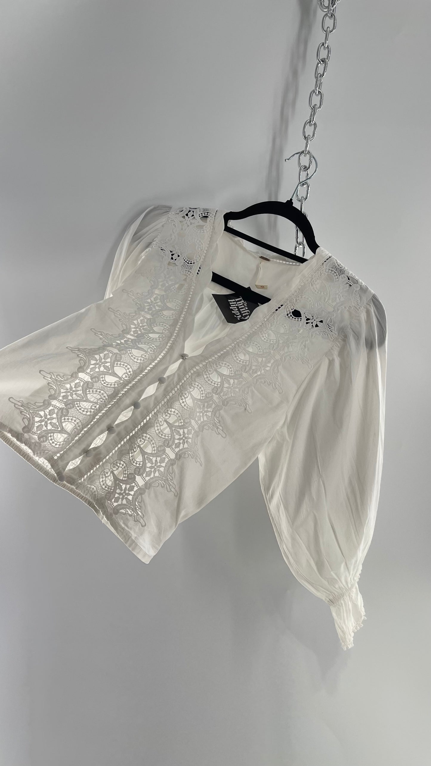 Free People White Puff Sleeve Prairie Blouse with Lace Details (Small)