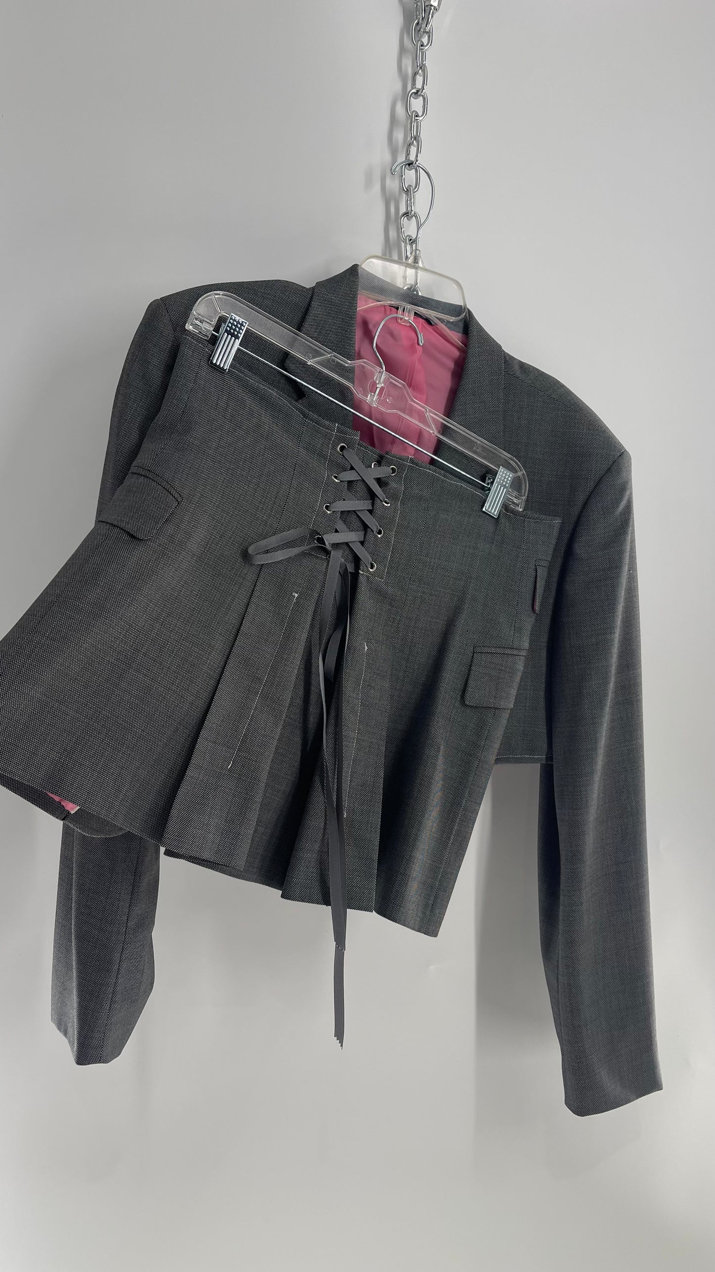 Custom Handmade Gray 2Piece Suit Set with Pink Satin Lining, Cropped Blazer, and Corseted Skirt (S-L)