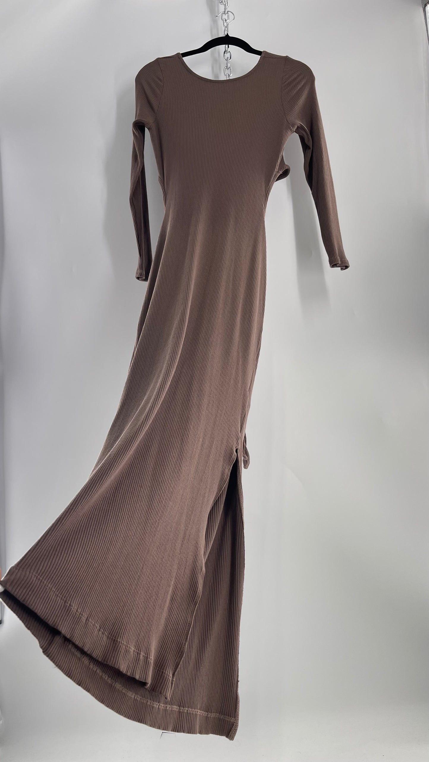 Free People Brown Ribbed Maxi Dress with Low Open Back and Dramatic Tie Detail (Large)