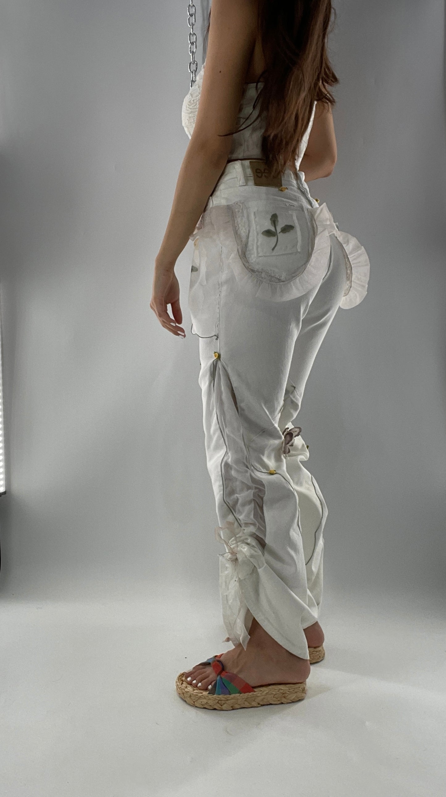 Remade Upcycled Lee White Jeans with Drawstring Adjustable Length, Lace Trim Pockets, Embroidery and Appliqué Details (27)