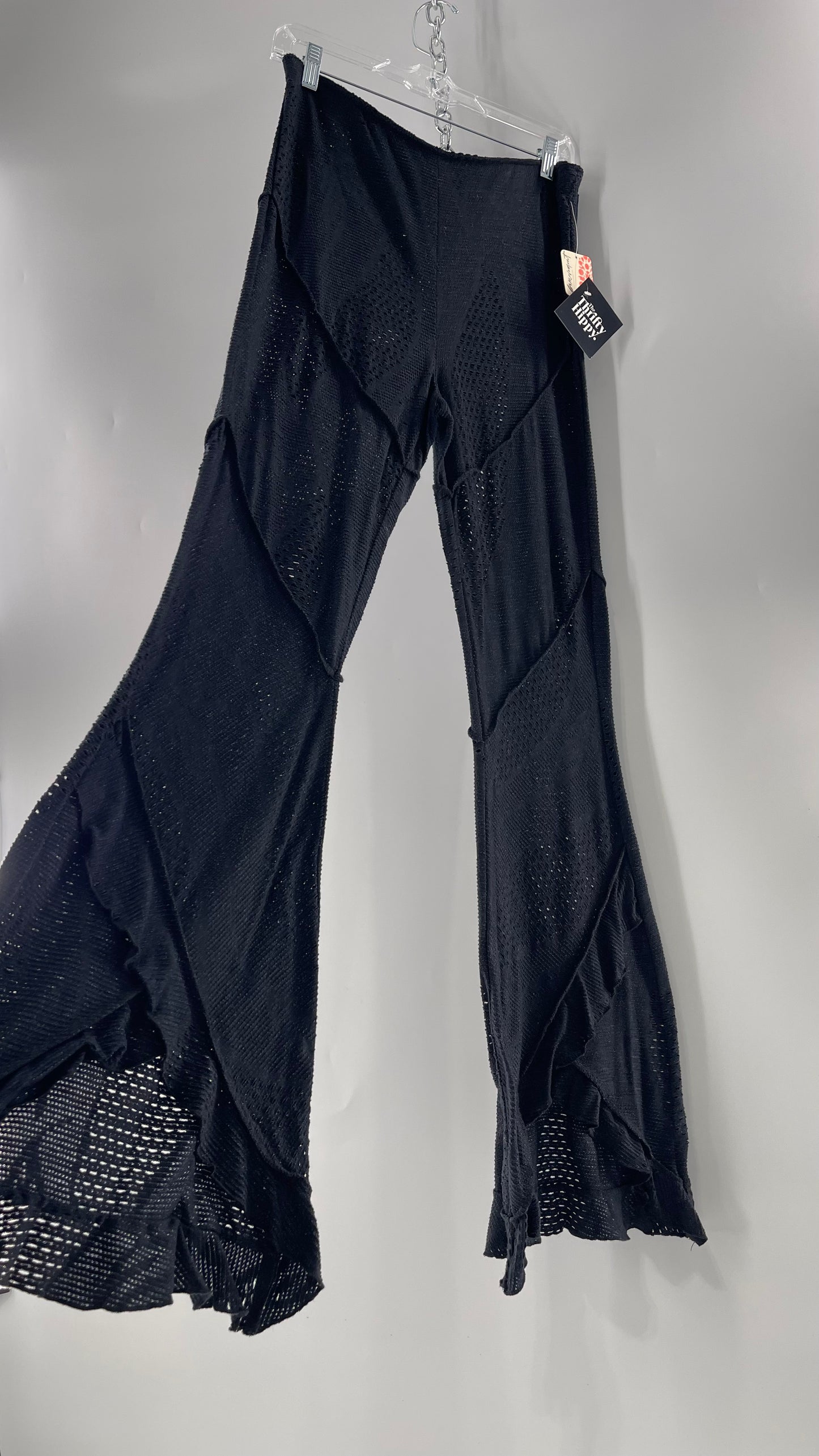 Free People Black Midnight Grey Mixed Pattern Kickflares with High Low Hem, Exposed Seams and Distressing Tags Attached (Medium)