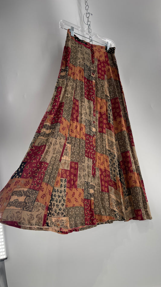 Vintage Indian Import REVUE 100% Rayon Patchwork Button Front Skirt (Small)