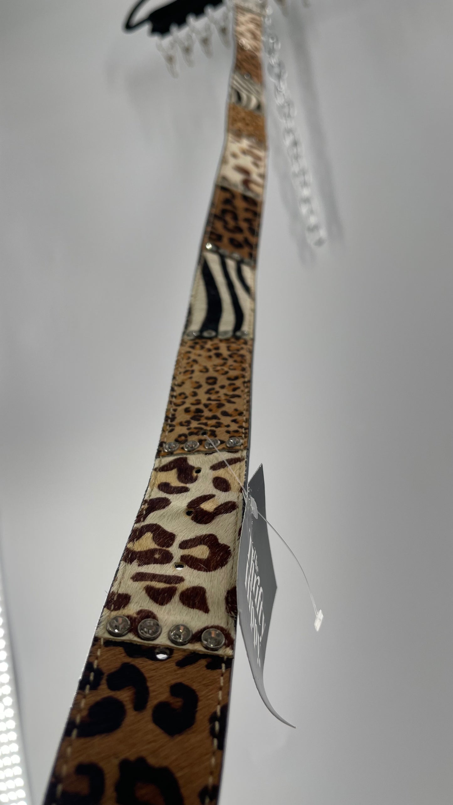 Vintage Pony Fur Animal Print Patchwork Belt with Rhinestone Buckle and Embellishments (Medium)