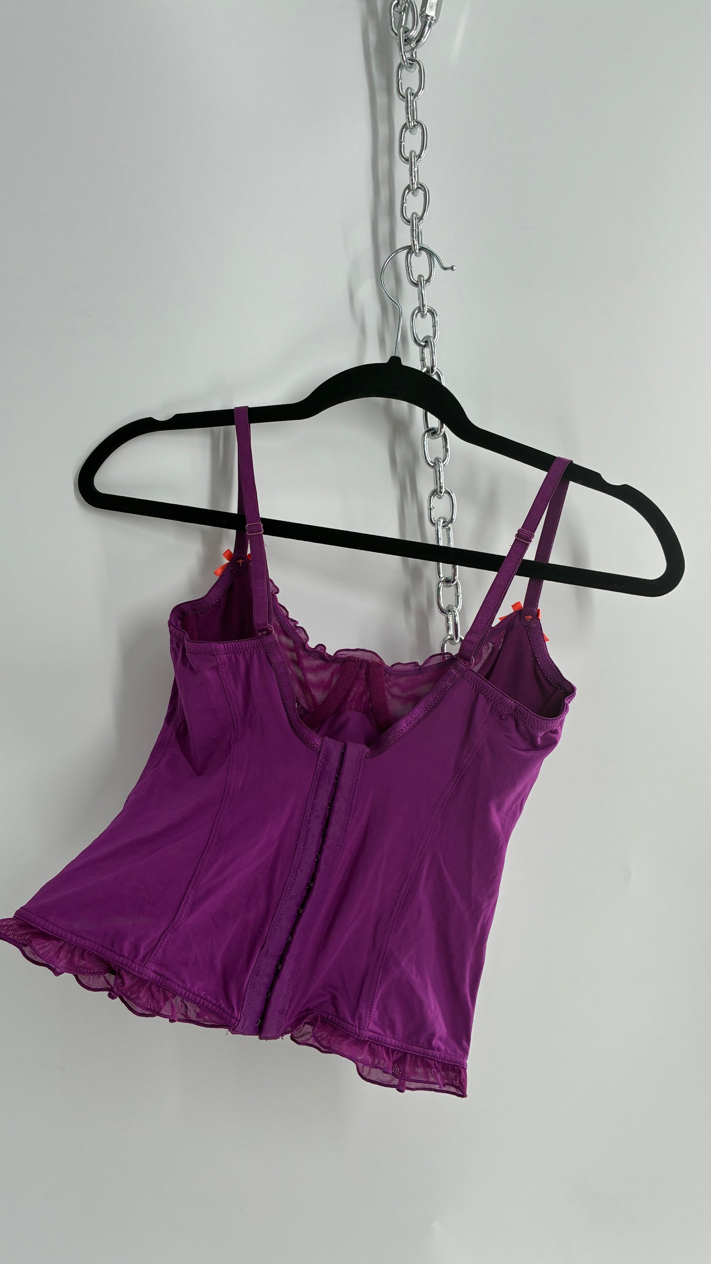 Vintage 1990s Purple Underwire Camisole Top with Sheer Ruffled Trim and Contrast Bow (Small)