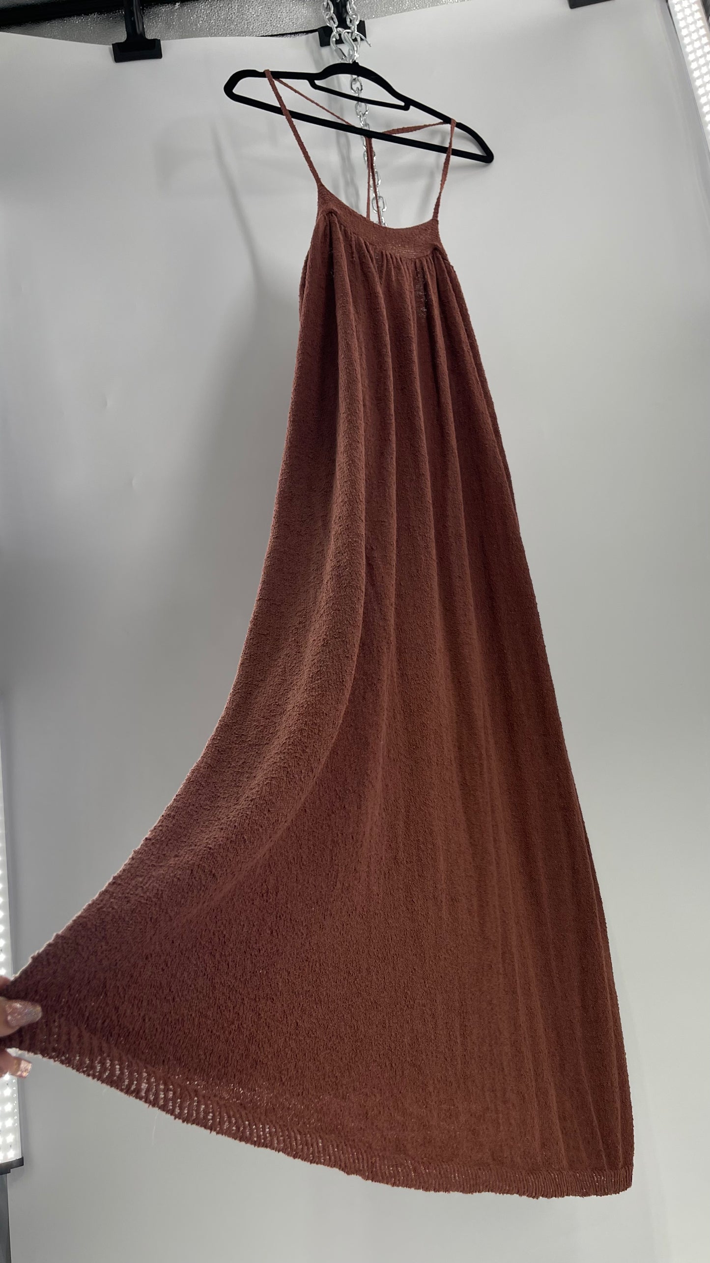 Free People Slinky Textured Brown Knit Full Length Dress (Small)