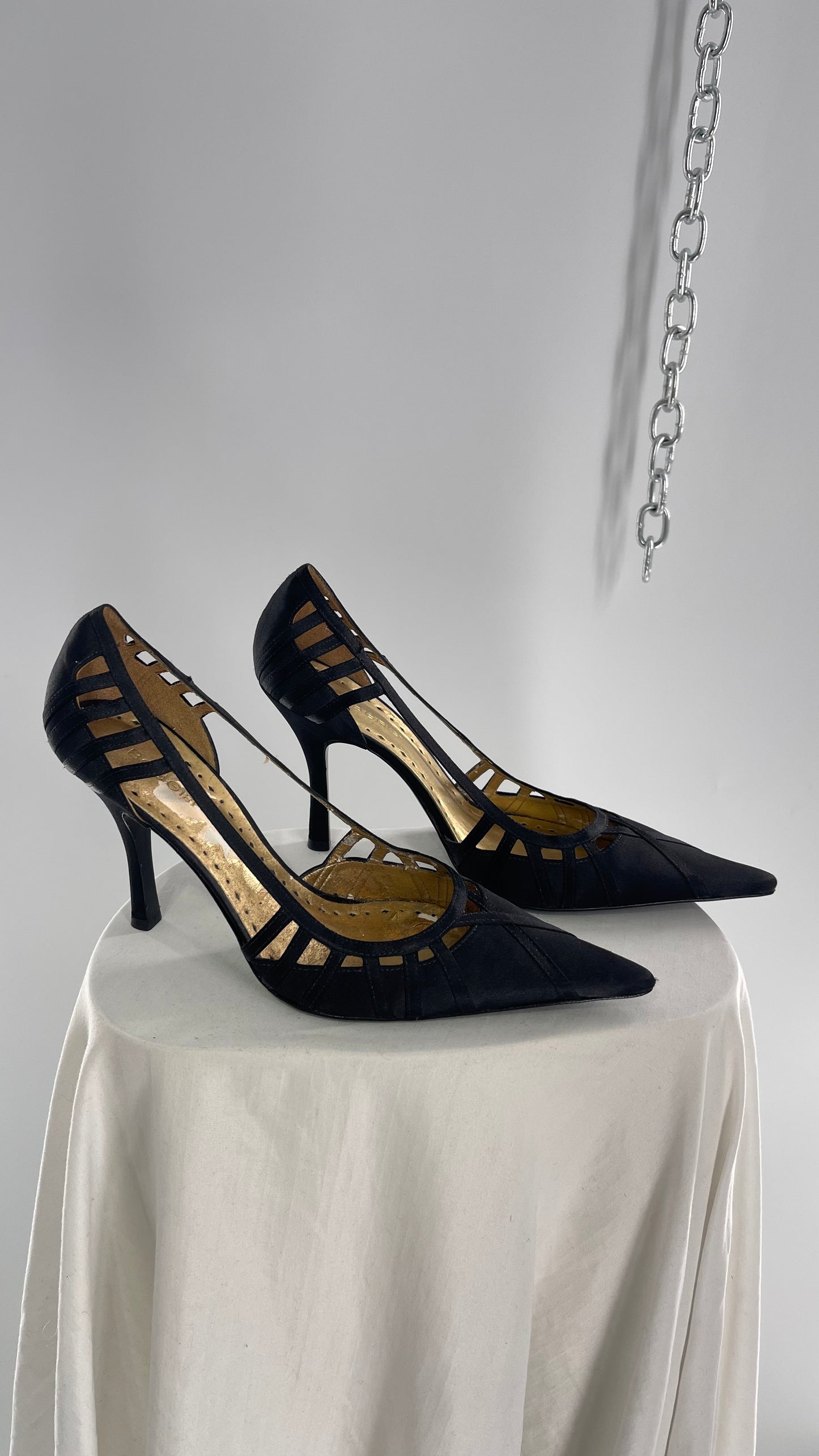 Vintage BCBGirls Black Satin Pointed Toe Heel with Strap Detailing (9.5)