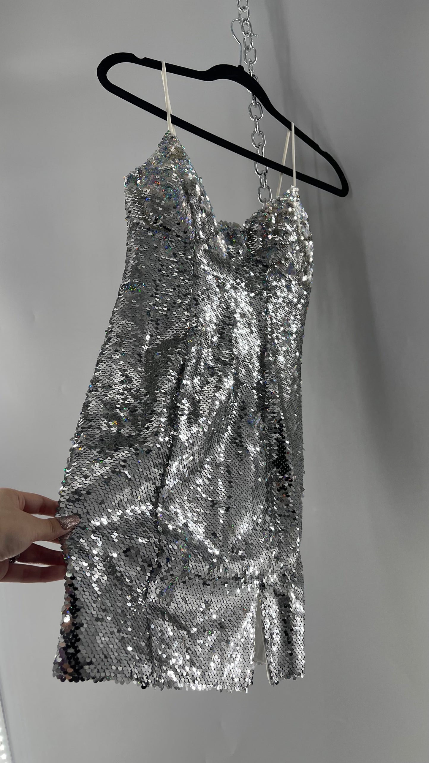 Princess Polly Silver Iridescent Sequin Mini Dress with Triangle Cups and Thigh Slit (0)
