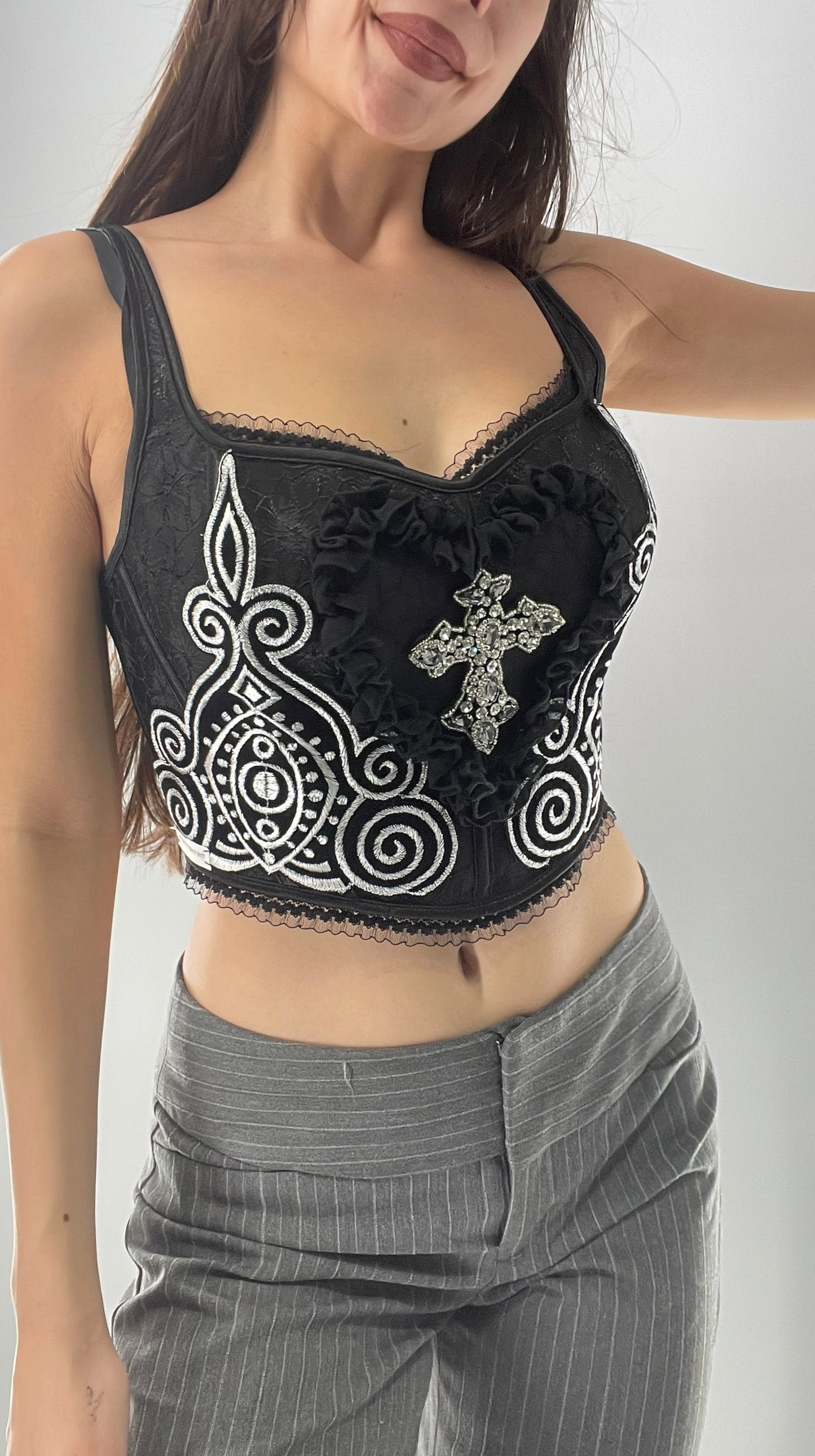 Custom Corset Handmade with Appliqués, Embroidery, Gemstones, Lace and Ruffles (S/M)