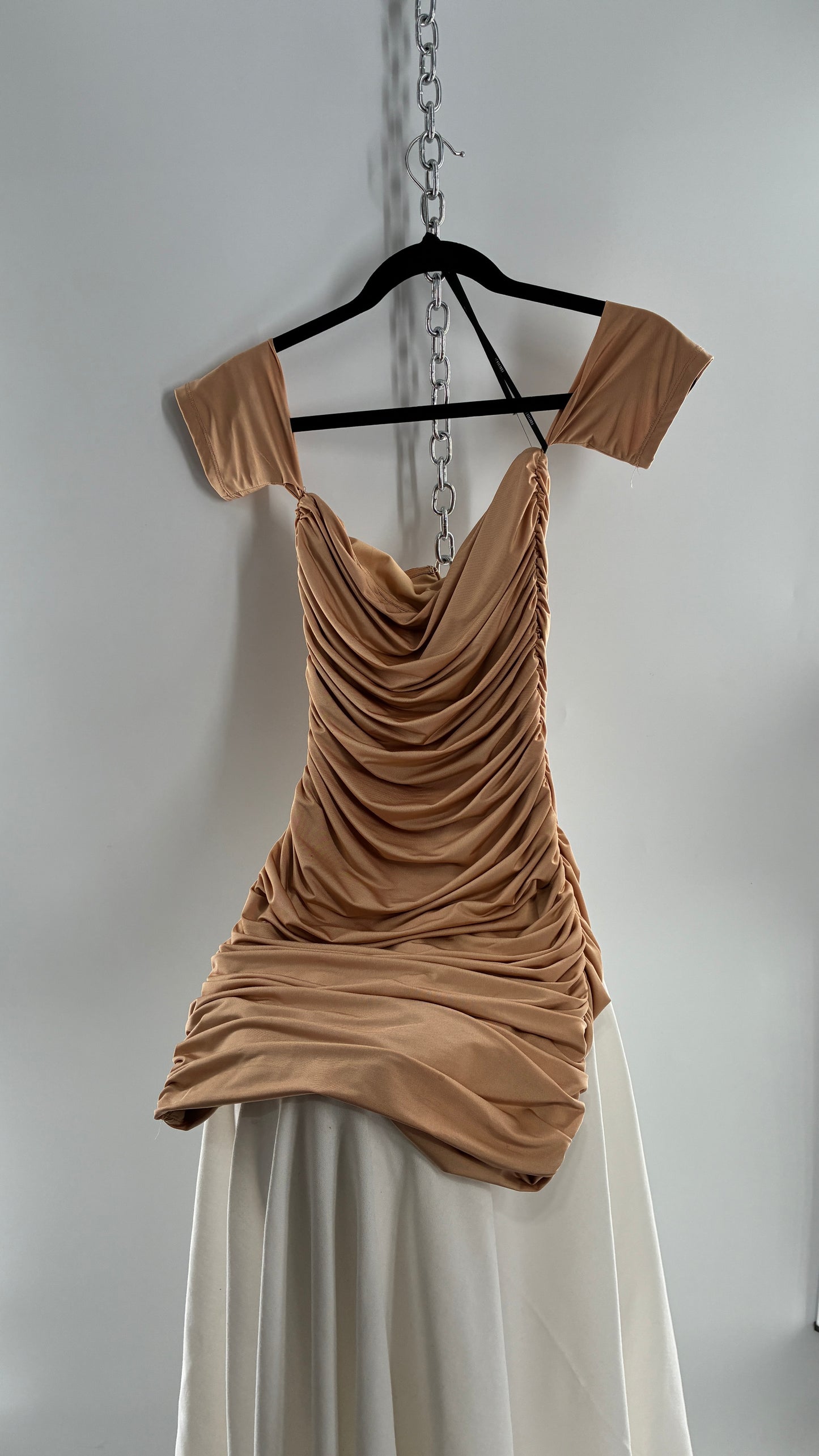 Nude Ruched Mini Dress with Arm Bands (Small)