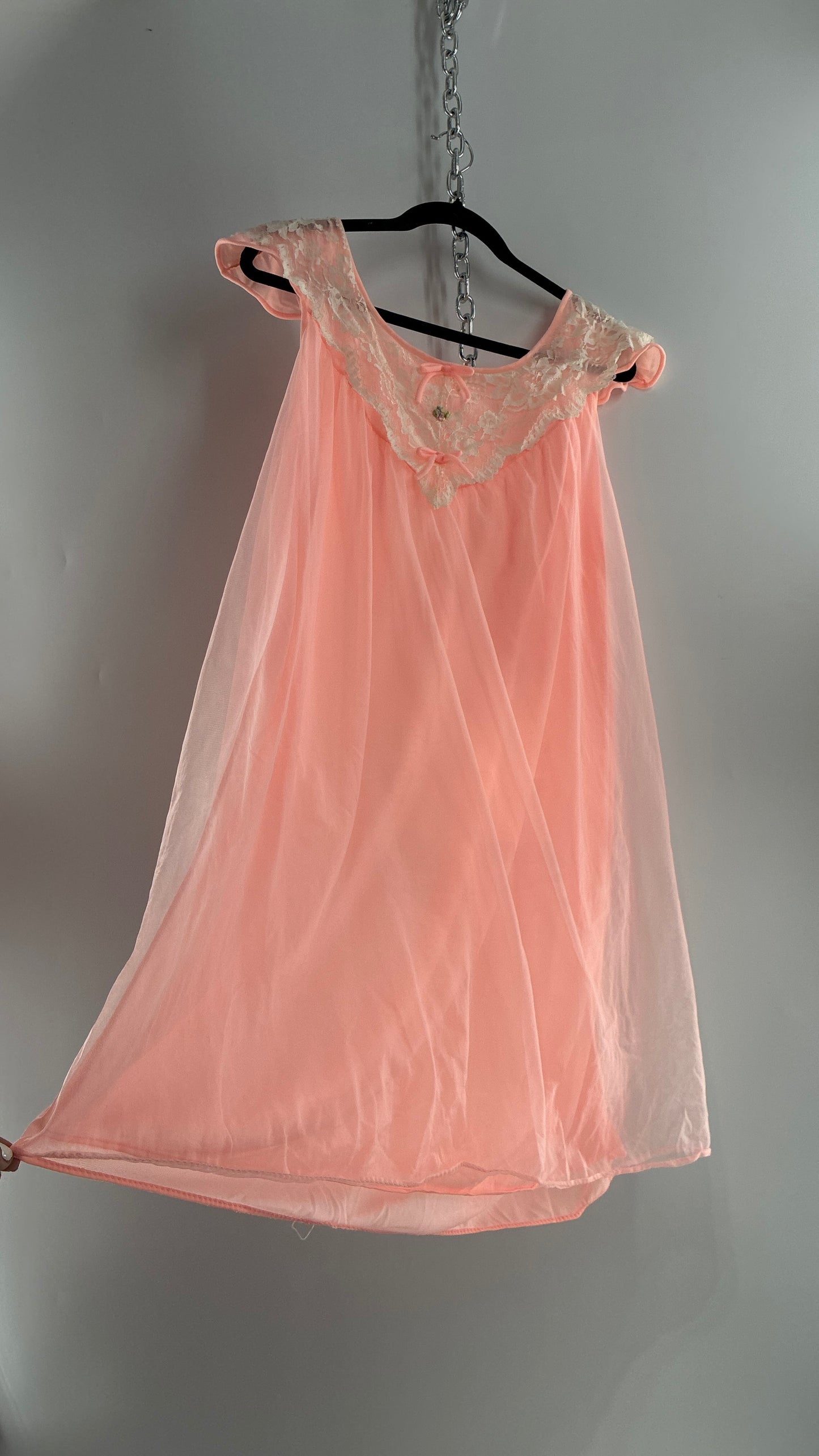 Vintage Neon Pink Babydoll Mini with Lace Sailor Style Neckline with Bows and Embroidery (48)