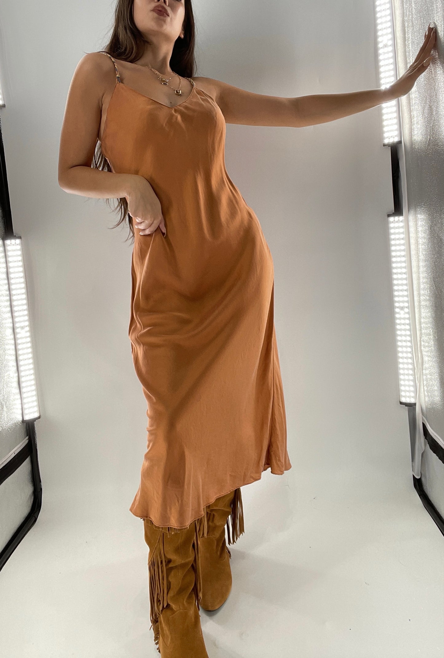 DIANE GILMAN 100% Silk Terracotta Clay Toned Tan Dress (Medium)