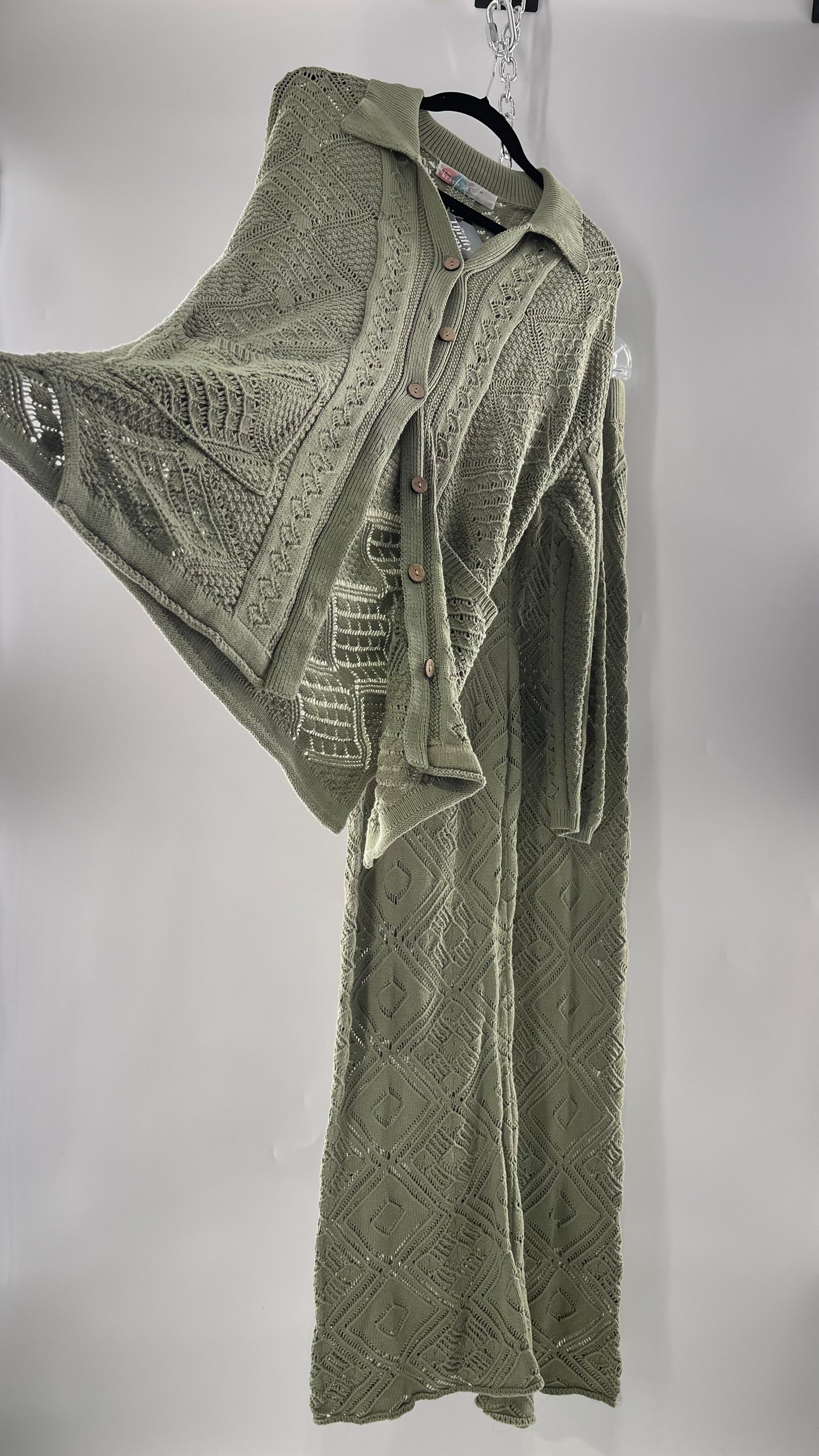 Free People Beach Sage Green Crochet Wooden Button Front Cardigan and Wide Leg Set (Medium)