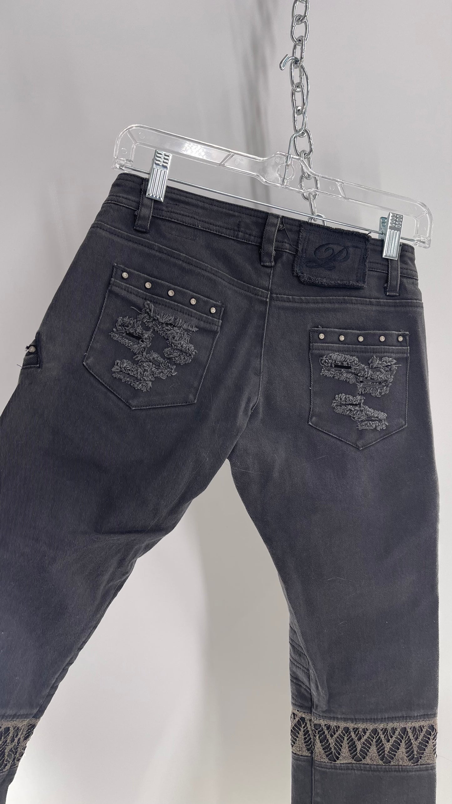 Vintage Rare PSYLO 1990s Low Rise Kick Flare Jeans with Studs, Lace and Hardware (38/28)