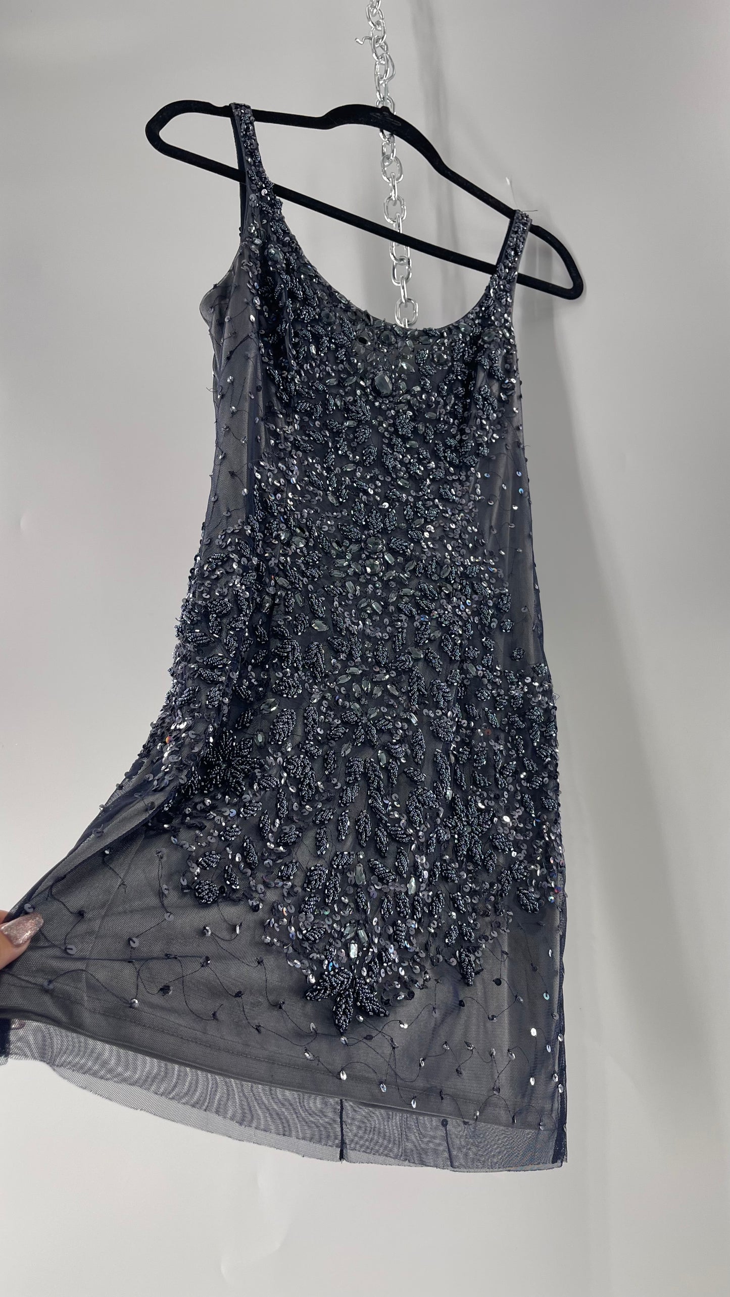 Vintage Cache Moonlight Grey/Navy Blue Tunic Mini Dress with Accentuating Placement of Beads, Sequins and Embroidery Details (2)
