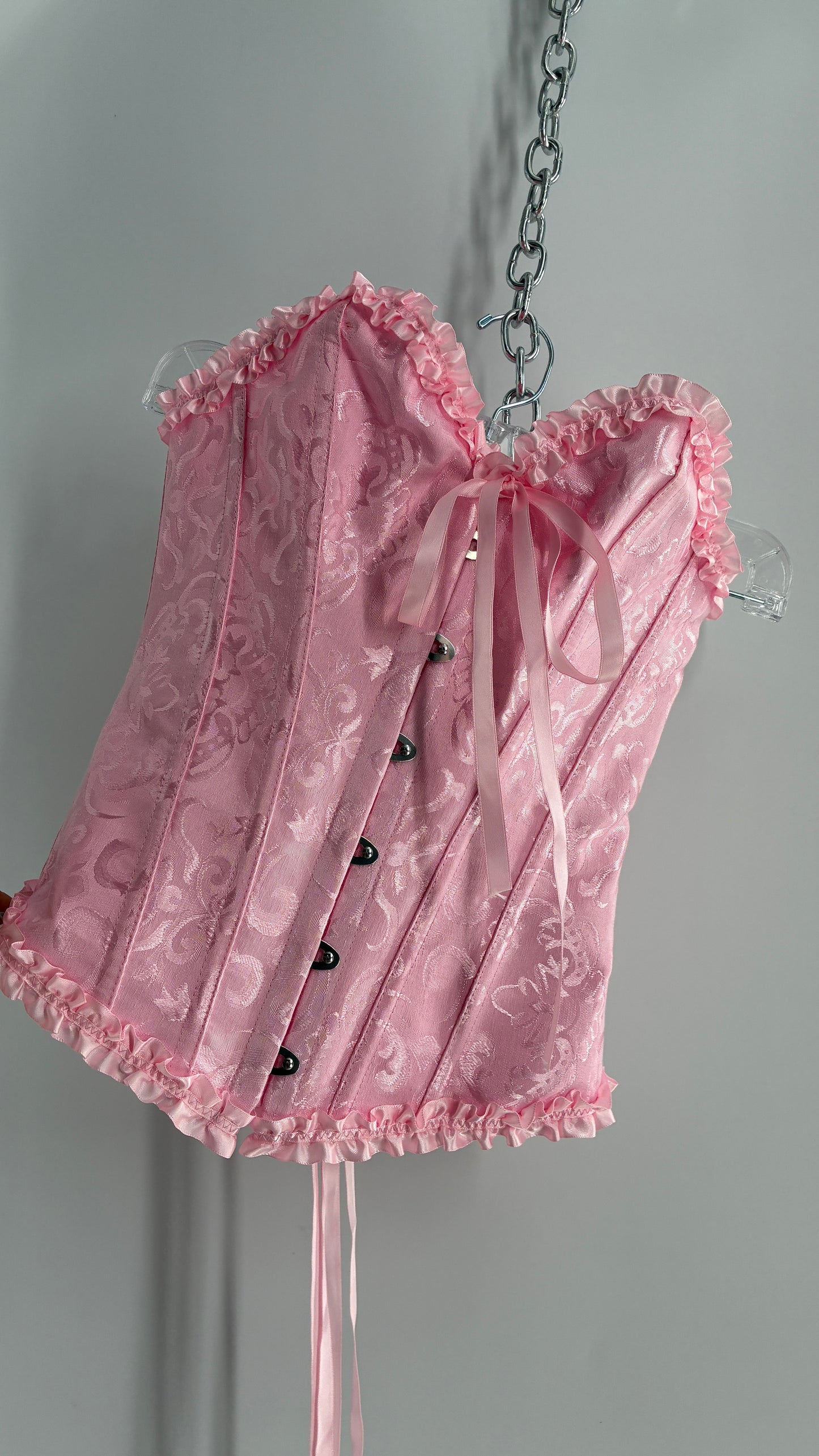 Baby Pink Ruffled Lace Trim Corset with Tie Bust Detail (Small)