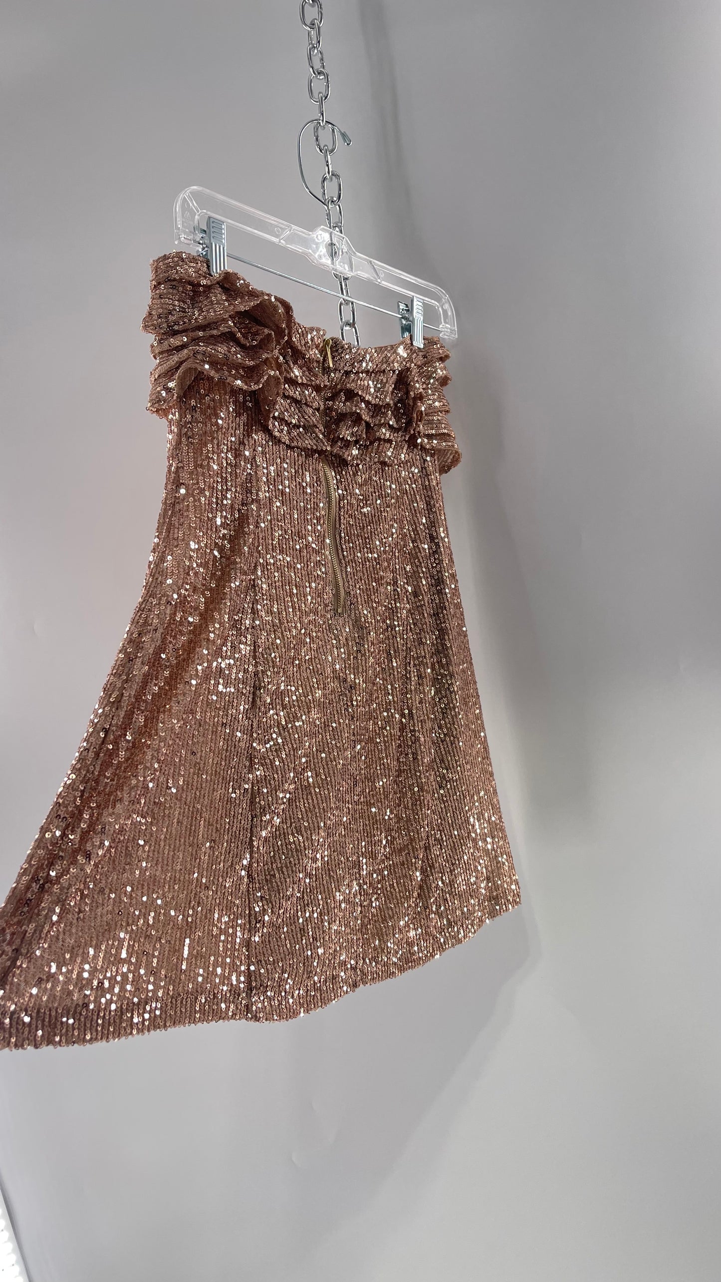Free People Rose Gold Sequin Mini Dress with Ruffled Bust and Statement Back Zipper (4)