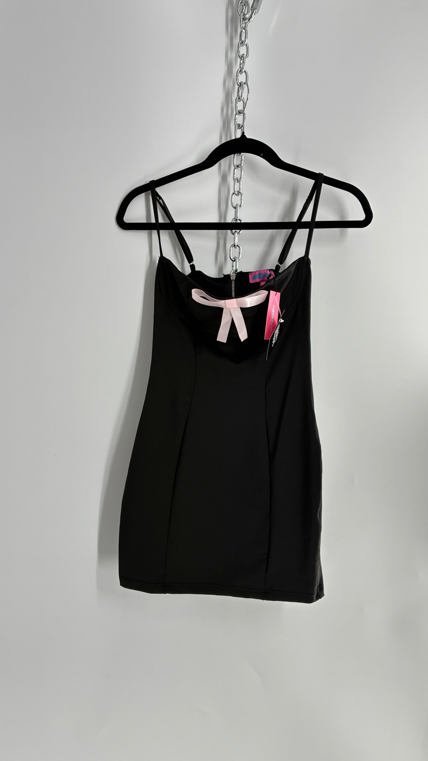 Edikted Black Satin Underbust Panel Mini Dress with Baby Pink Bow and Tags Attached (XS)