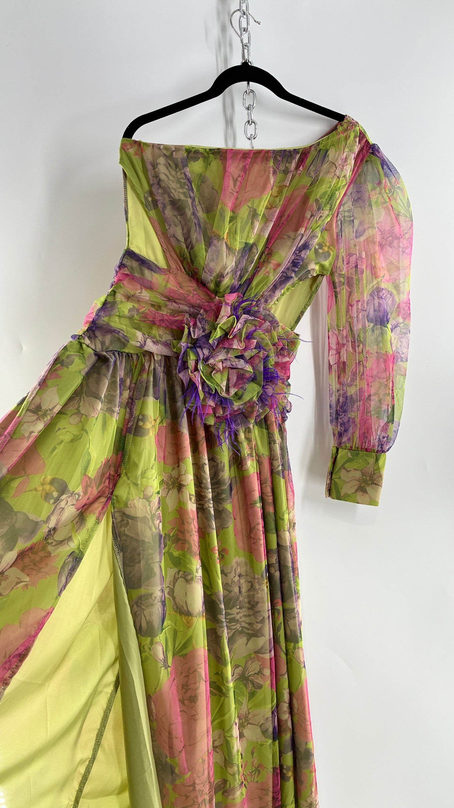 Vintage Open Waist Gown with Oversized Feathered Appliqué Rosette (Large)