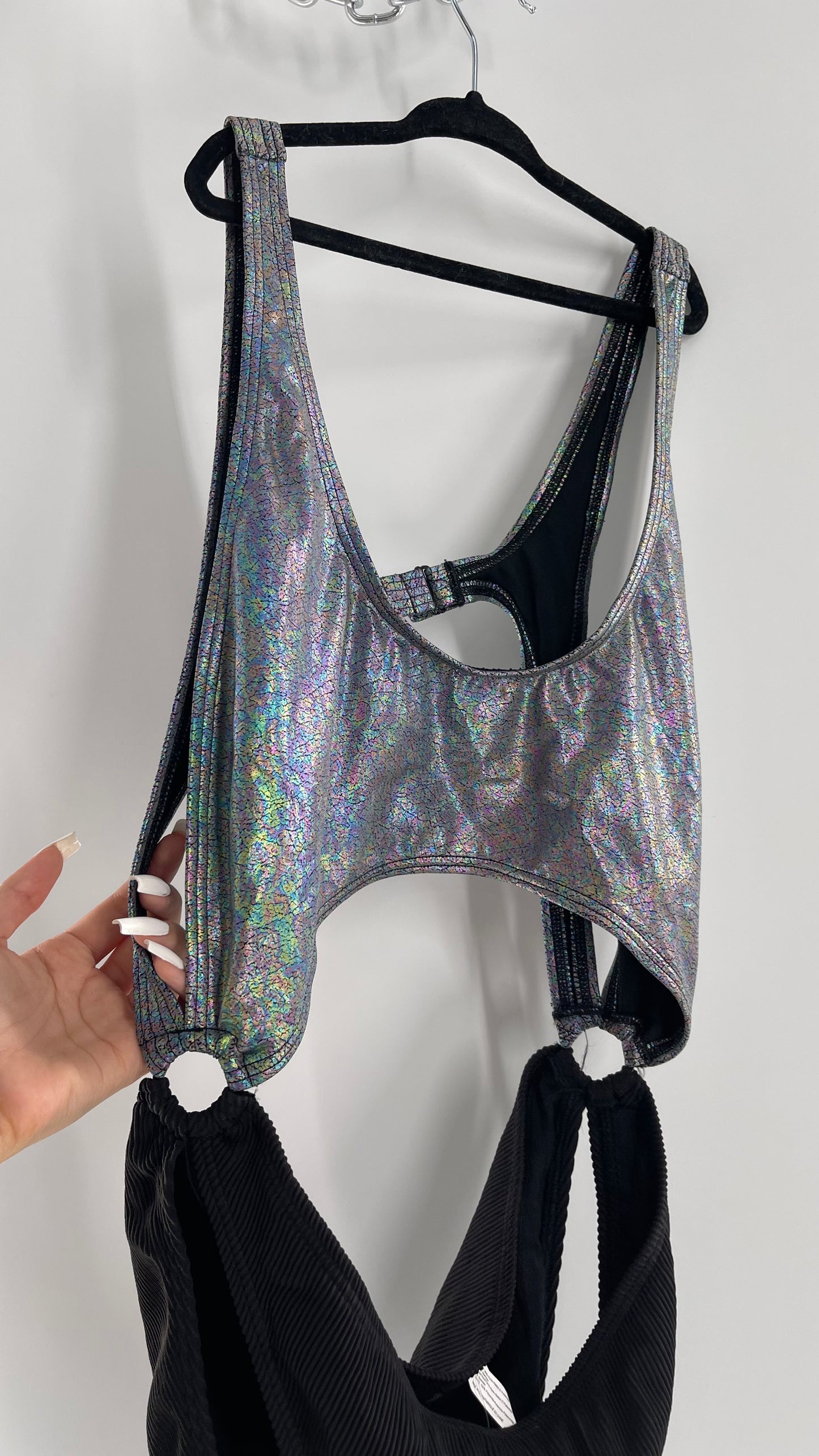 Urban Outfitters Out From Under Bathing Suit Metallic Gas Spill Top and Ribbed Black Bottom Connected by Rings (Large)